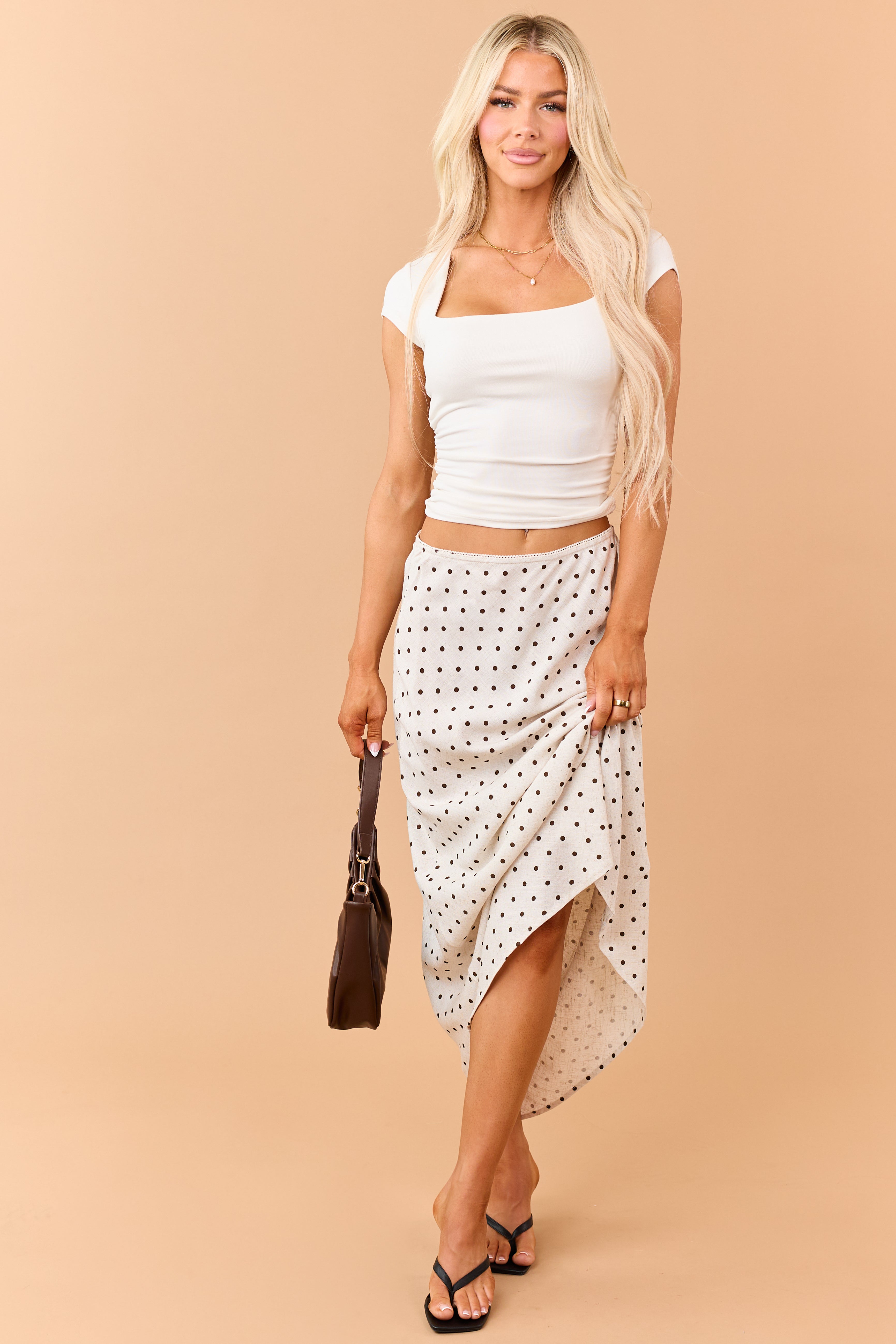 Almond and Cocoa Polka Dot Linen Blend Maxi Skirt