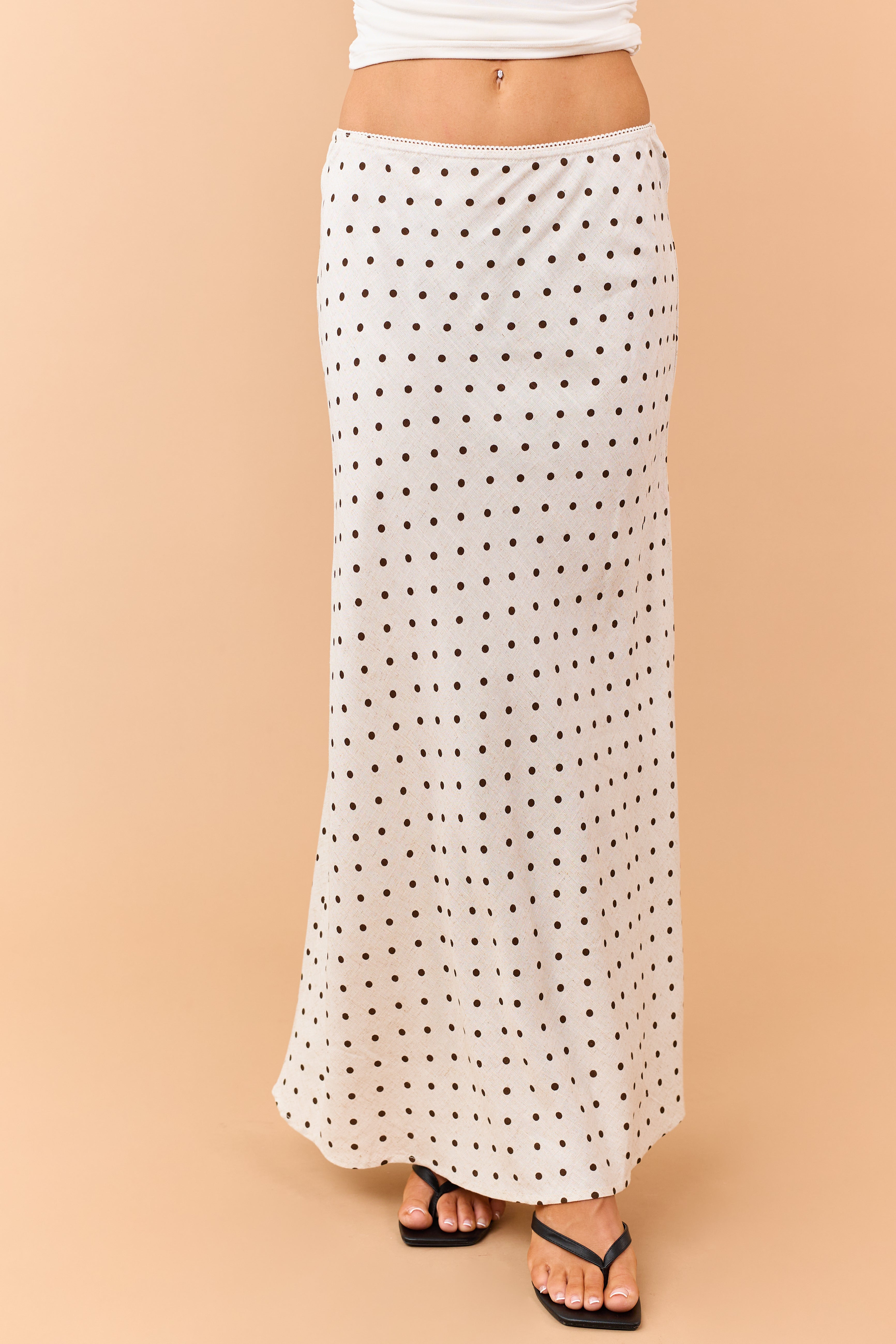 Almond and Cocoa Polka Dot Linen Blend Maxi Skirt