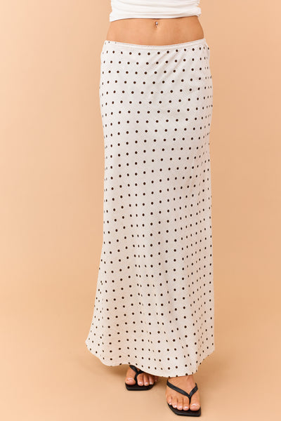 Almond and Cocoa Polka Dot Linen Blend Maxi Skirt
