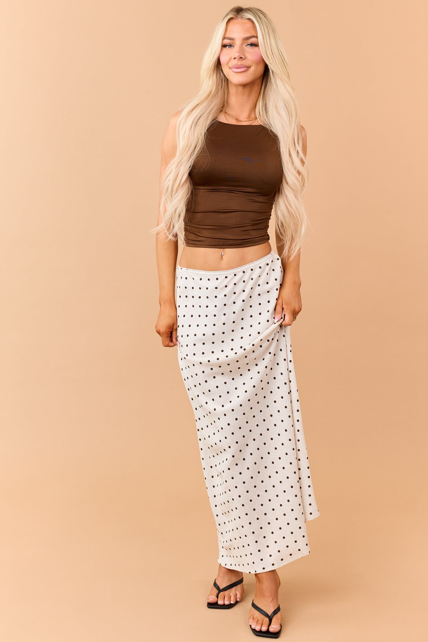 Almond and Cocoa Polka Dot Linen Blend Maxi Skirt