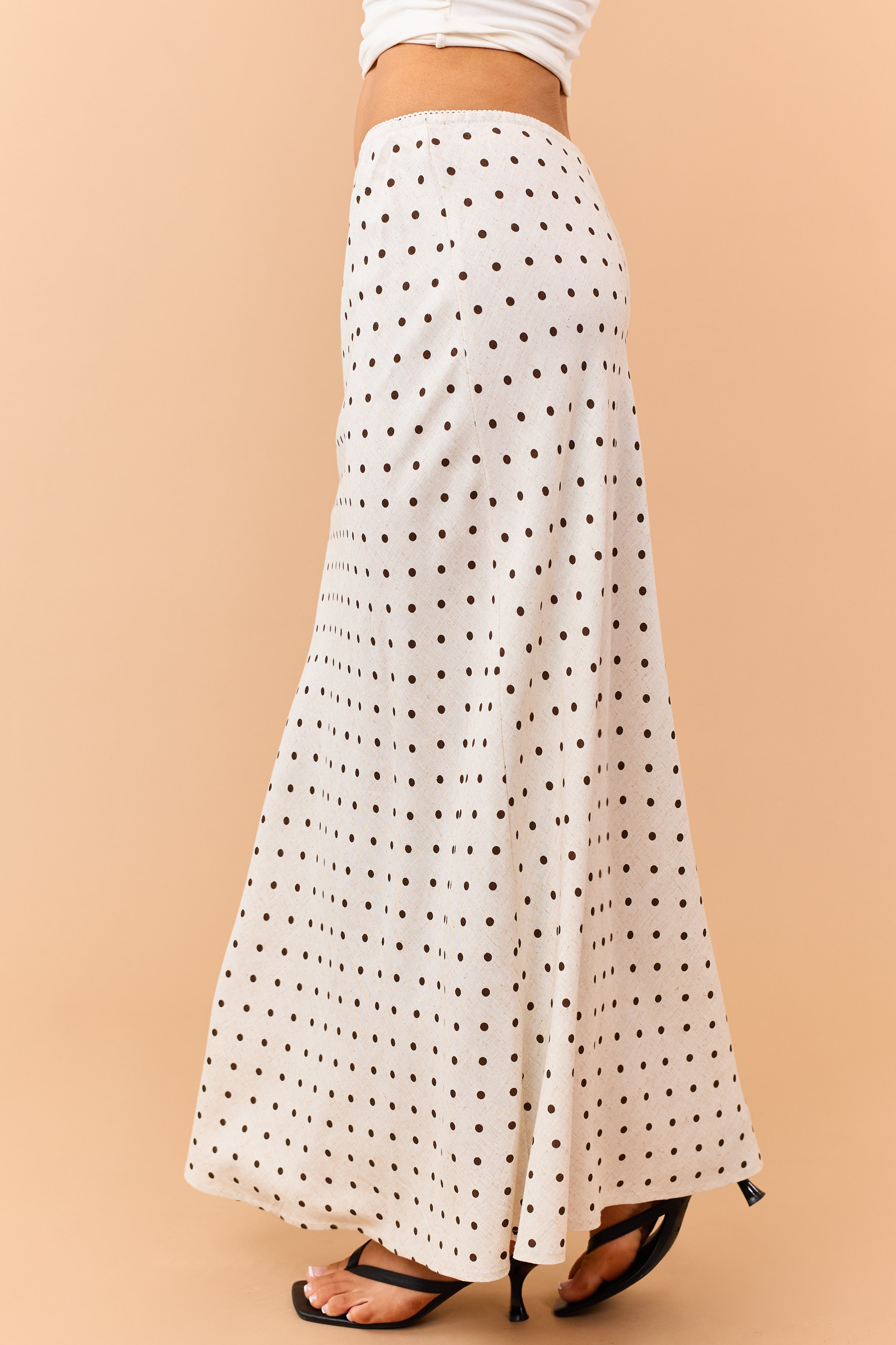 Almond and Cocoa Polka Dot Linen Blend Maxi Skirt