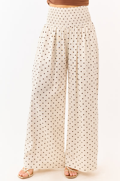 Almond and Cocoa Polka Dot Smocked Waist Pants