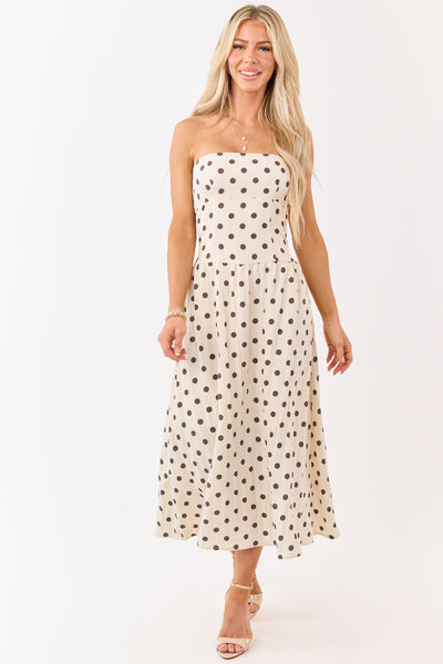 Almond and Cocoa Polka Dot Strapless Midi Dress