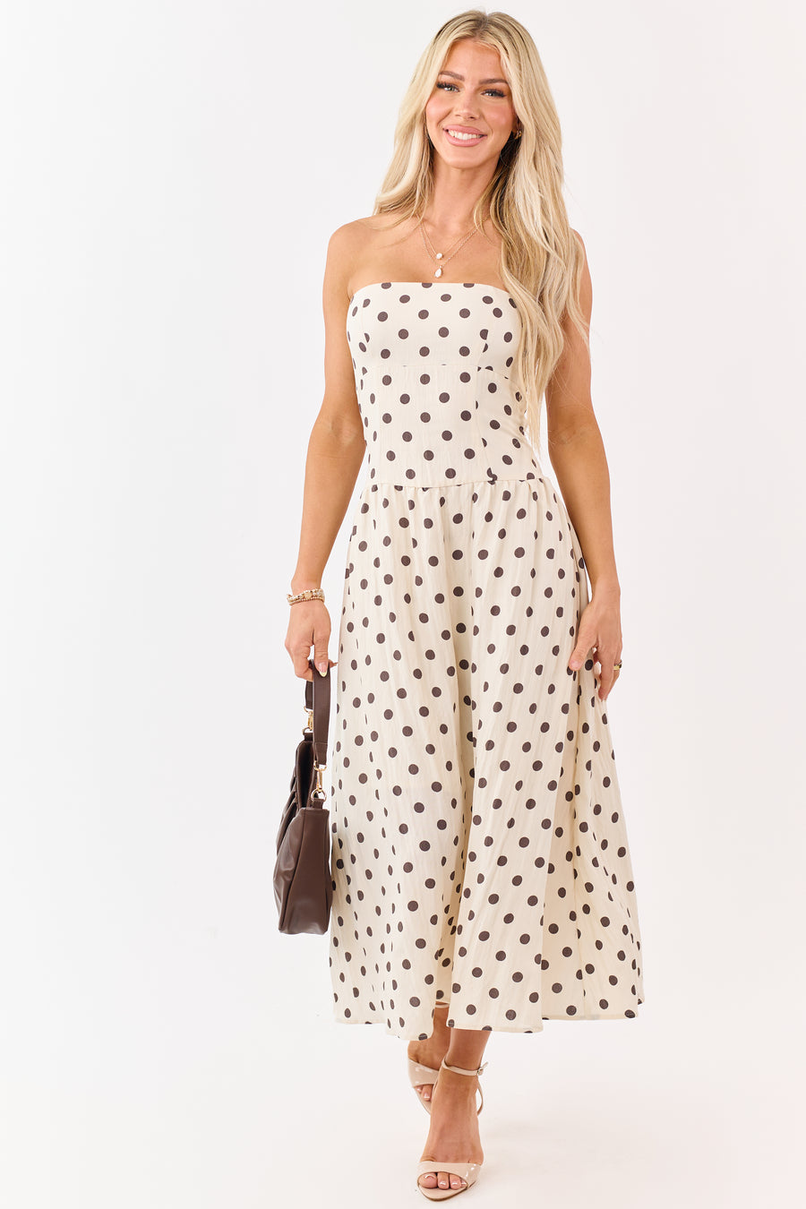 Lovelo Almond Polka Dot and Stripe Tiered Midi Dress Lovelo Almond Polka Dot and Stripe Tiered Midi Dress