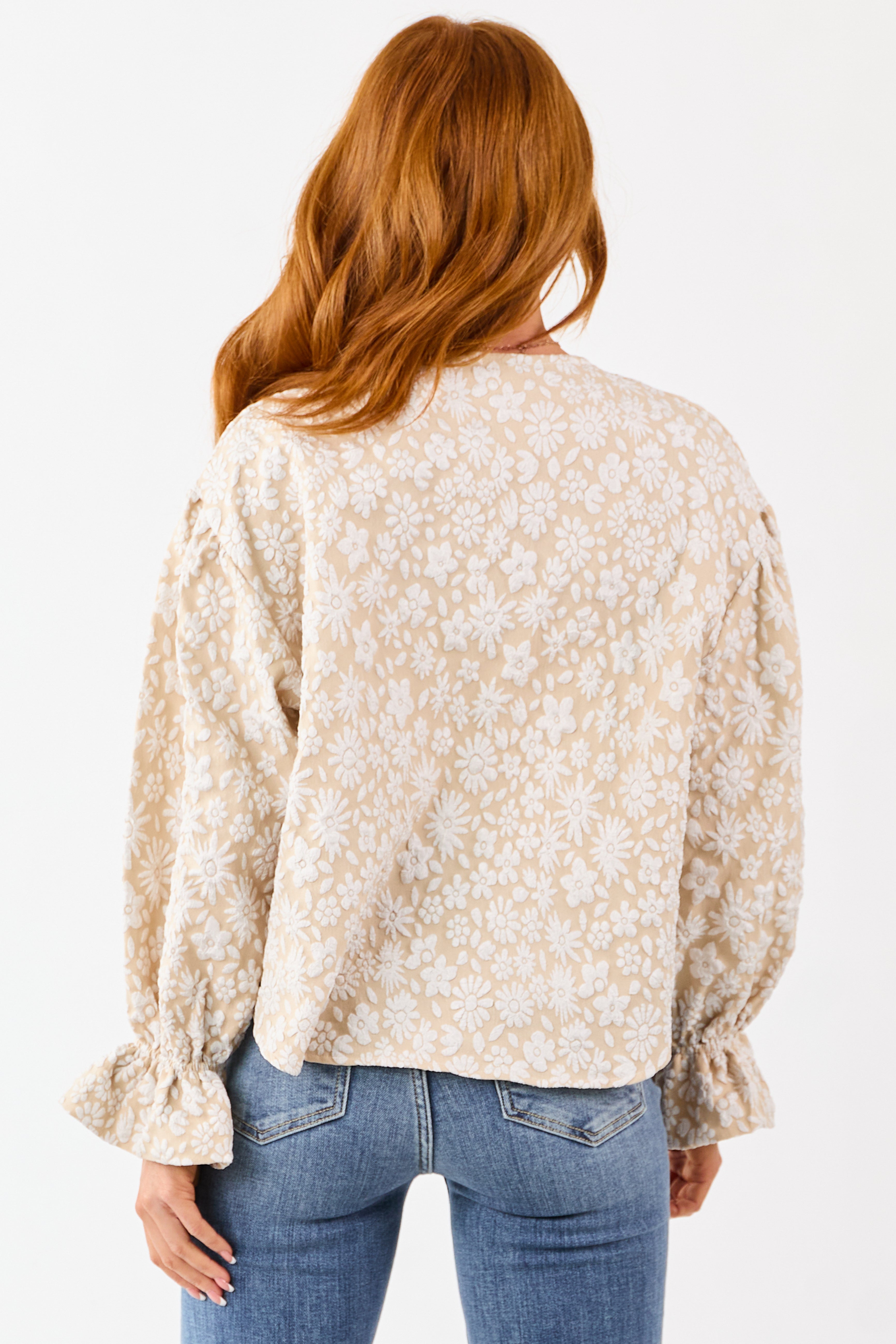 Almond and Ivory Floral Print Button Down Cardigan