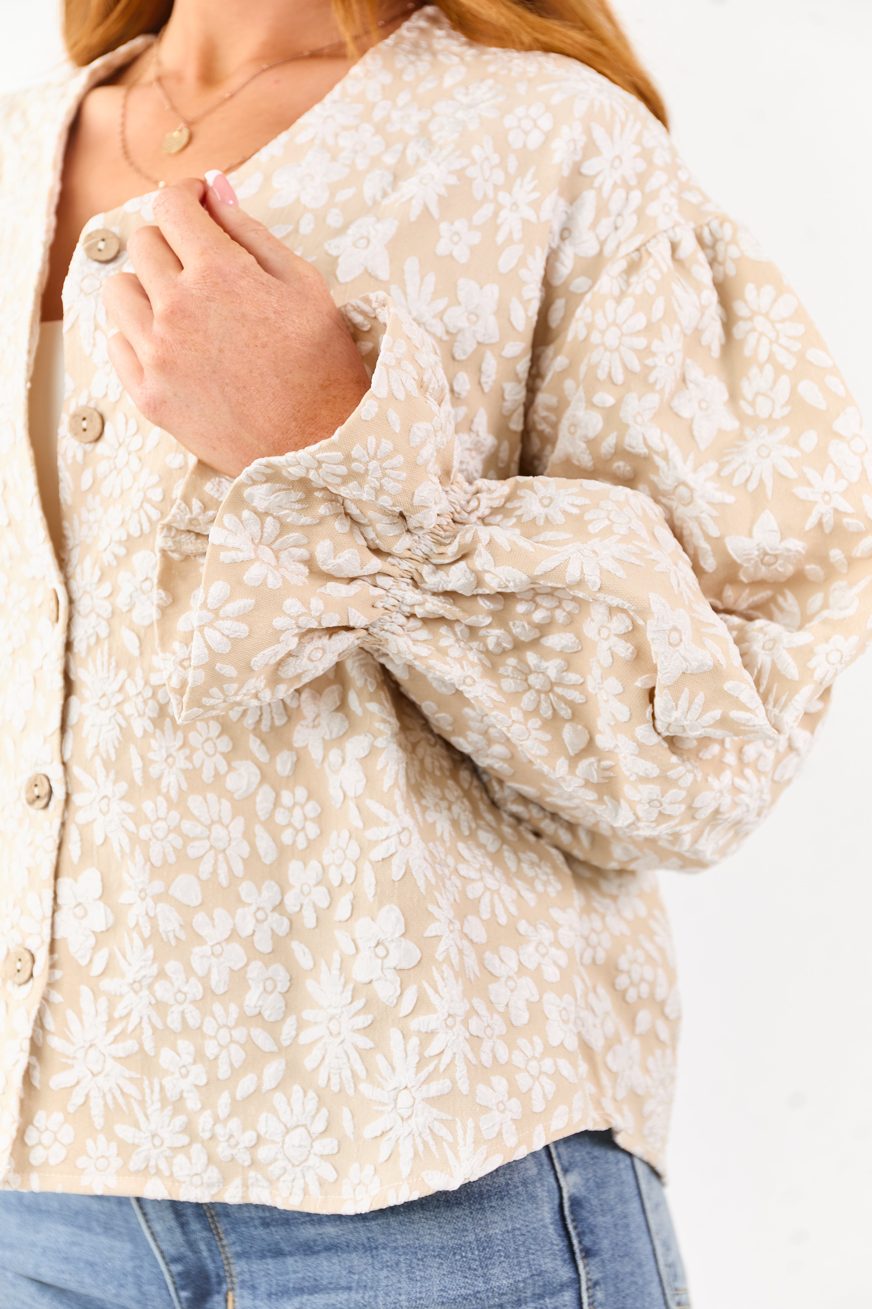 Almond and Ivory Floral Print Button Down Cardigan