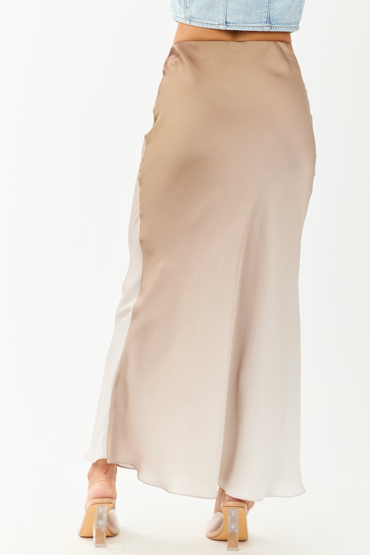 Almond and Latte Ombre Flowy Satin Maxi Skirt