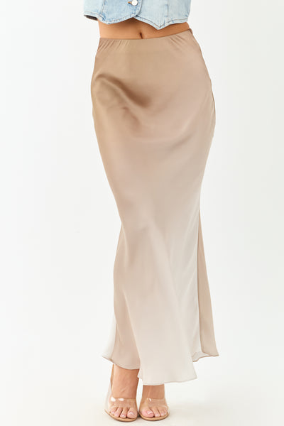 Almond and Latte Ombre Flowy Satin Maxi Skirt