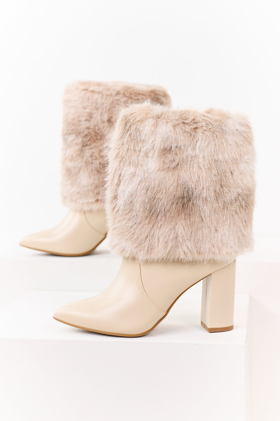 Almond Faux Fur Overlay Faux Leather Heel Booties