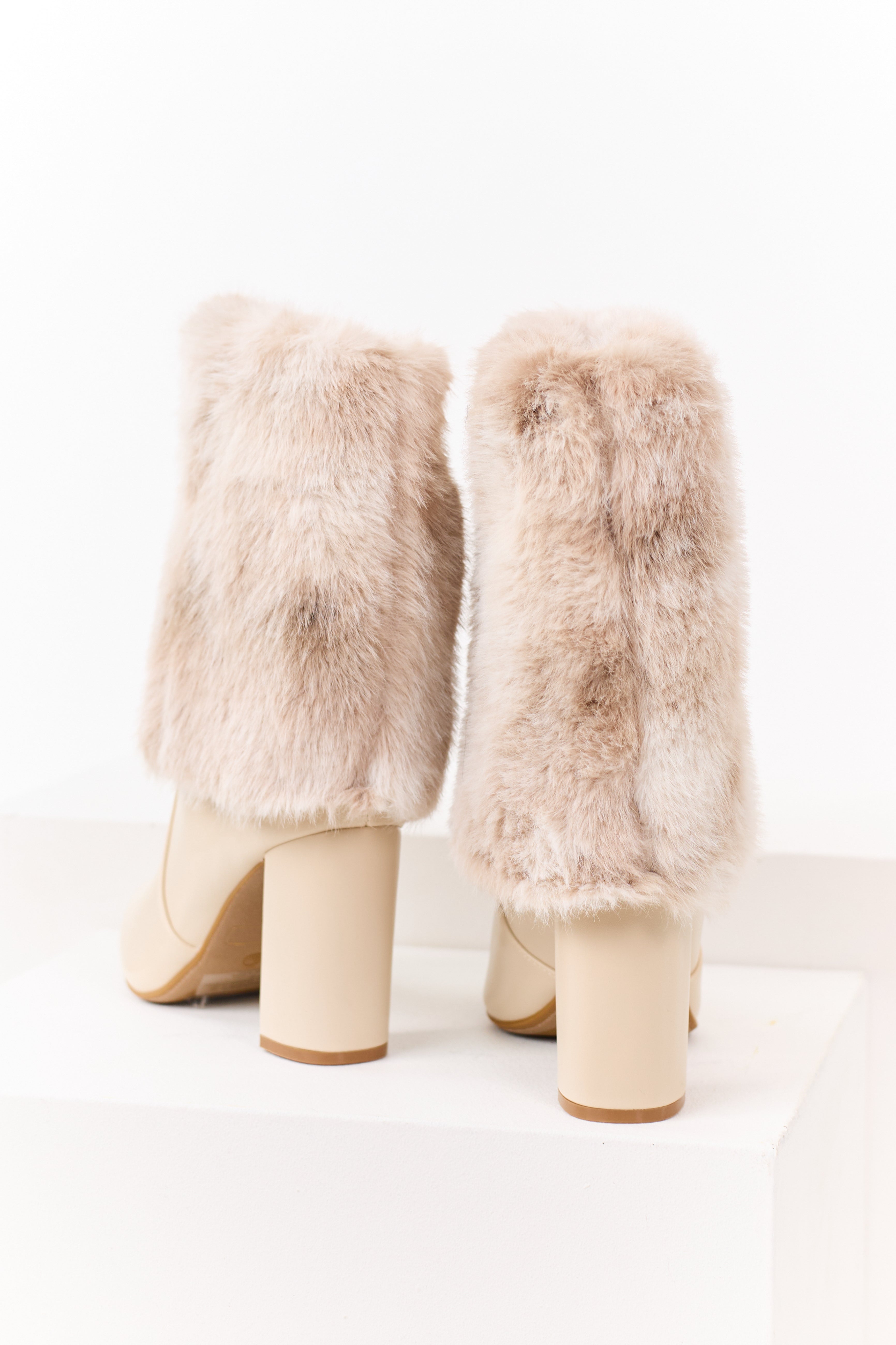 Almond Faux Fur Overlay Faux Leather Heel Booties