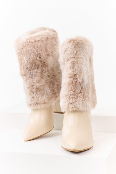 Almond Faux Fur Overlay Faux Leather Heel Booties