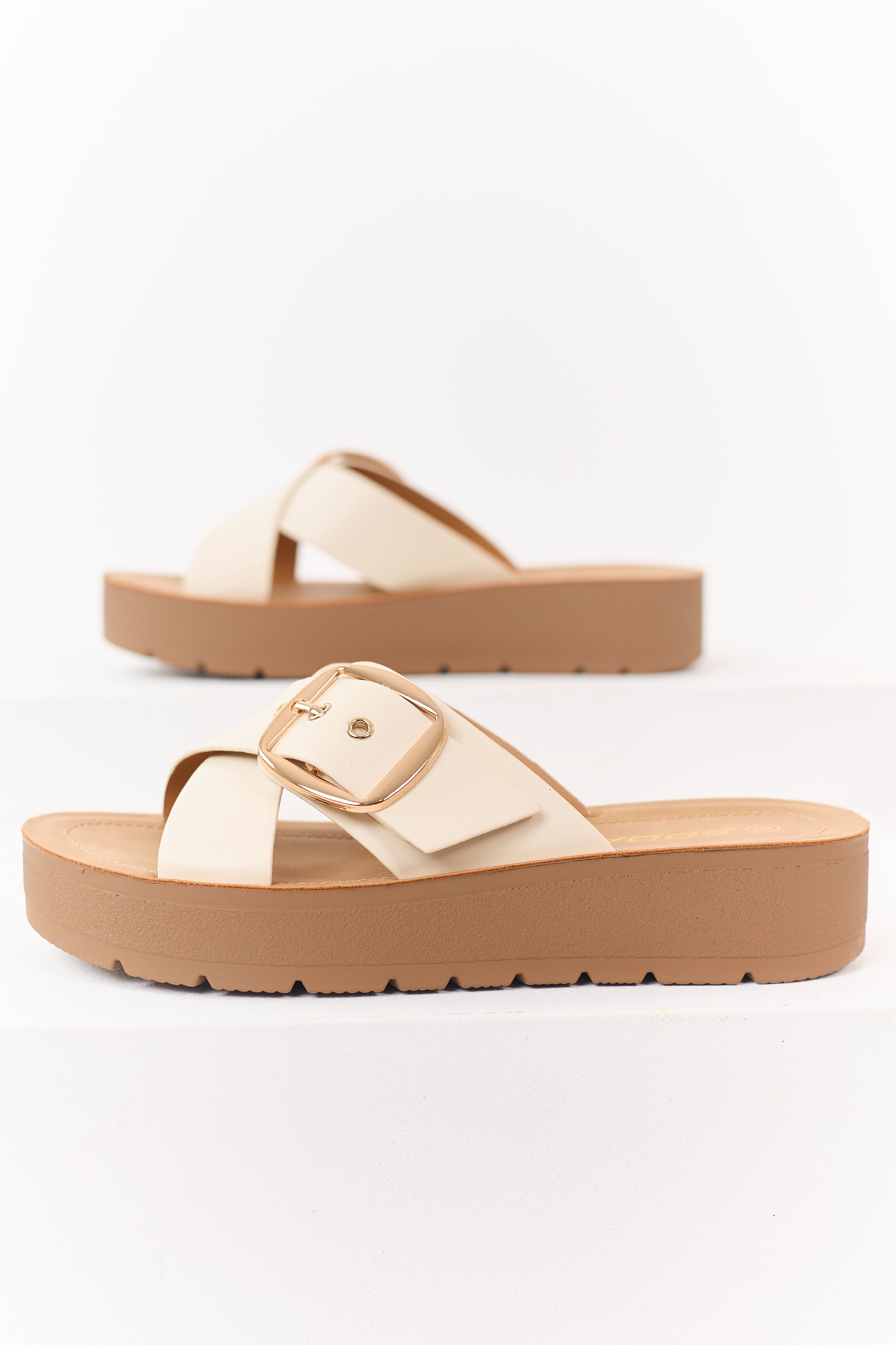 Almond Faux Leather Cross Strap Platform Sandals