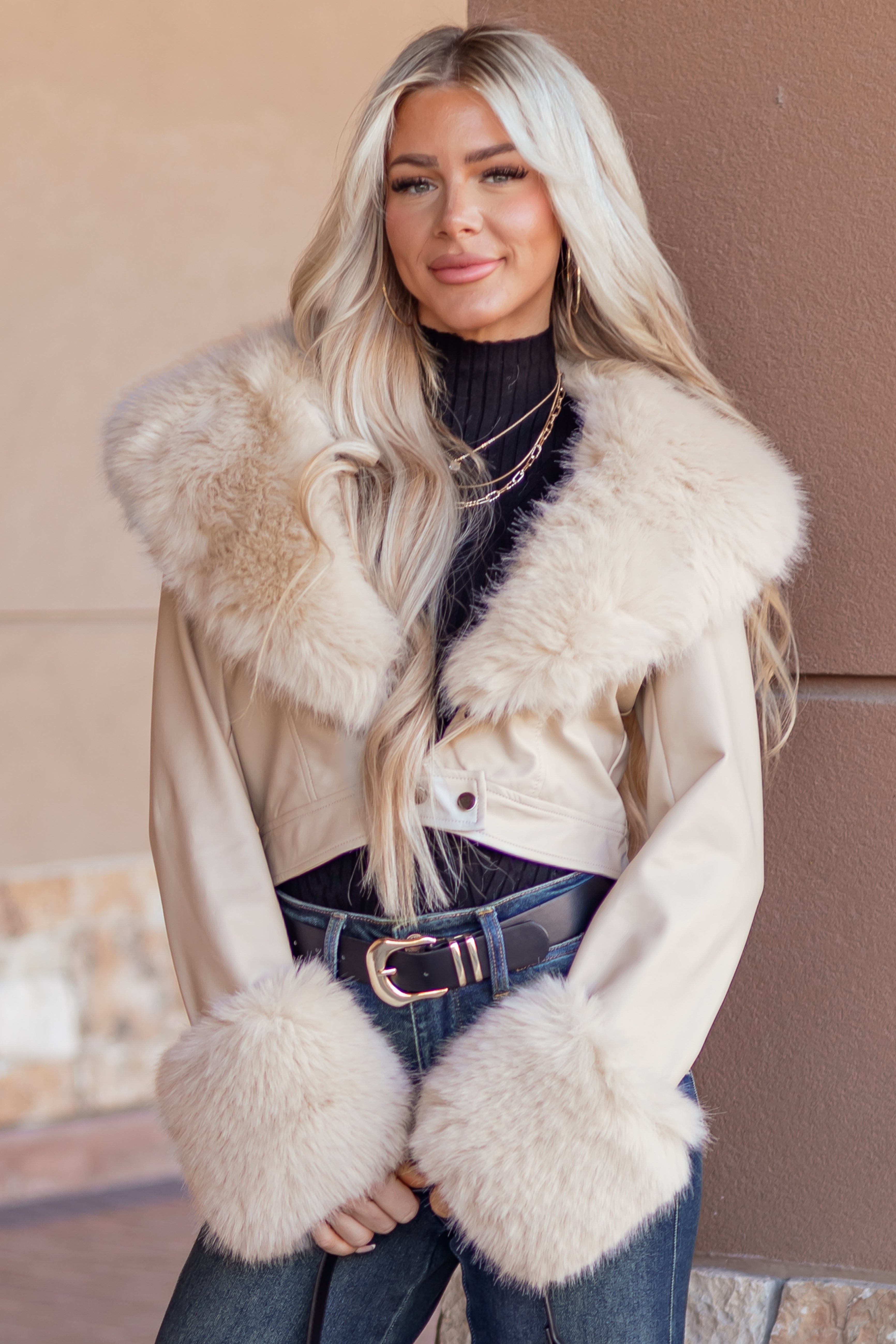 Almond Faux Leather Opulent Faux Fur Trim Crop Coat