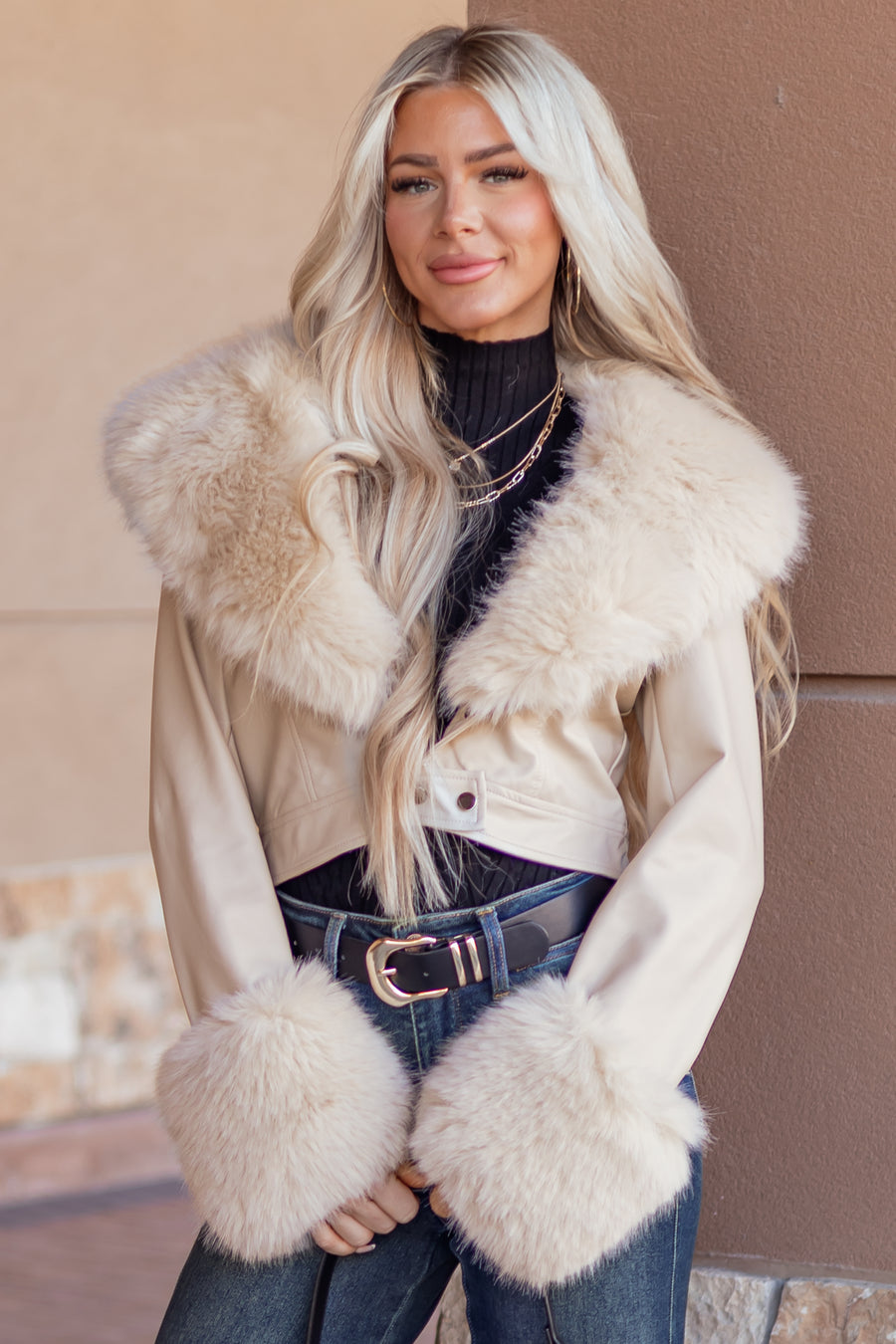 Almond Faux Leather Opulent Faux Fur Trim Crop Coat