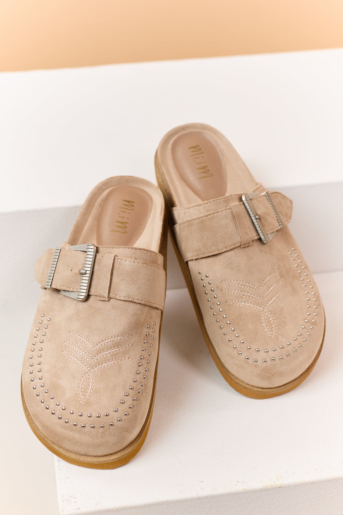Almond Faux Suede Studded Clog Mule Flats