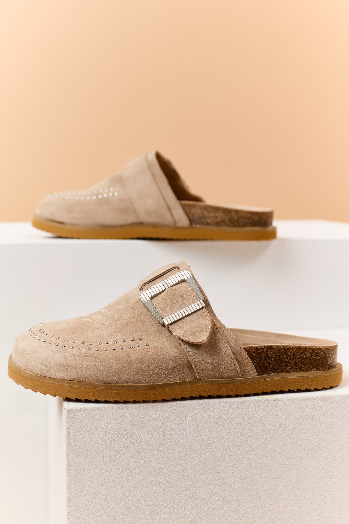 Almond Faux Suede Studded Clog Mule Flats