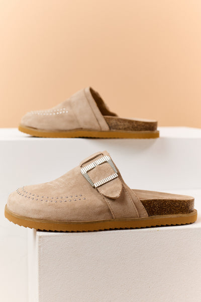 Almond Faux Suede Studded Clog Mule Flats