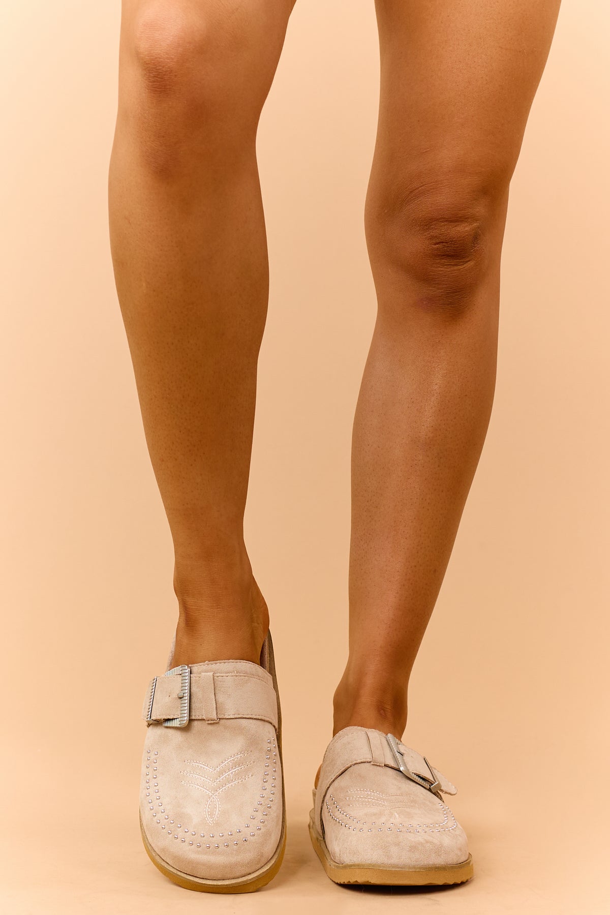 Almond Faux Suede Studded Clog Mule Flats