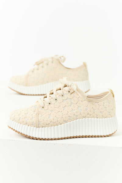Almond Floral Embroidered Platform Lace Up Sneakers