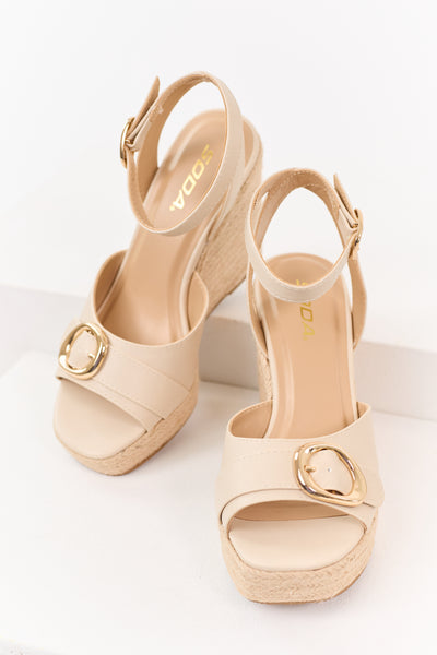 Almond Open Toed Buckle Strap Espadrille Wedges