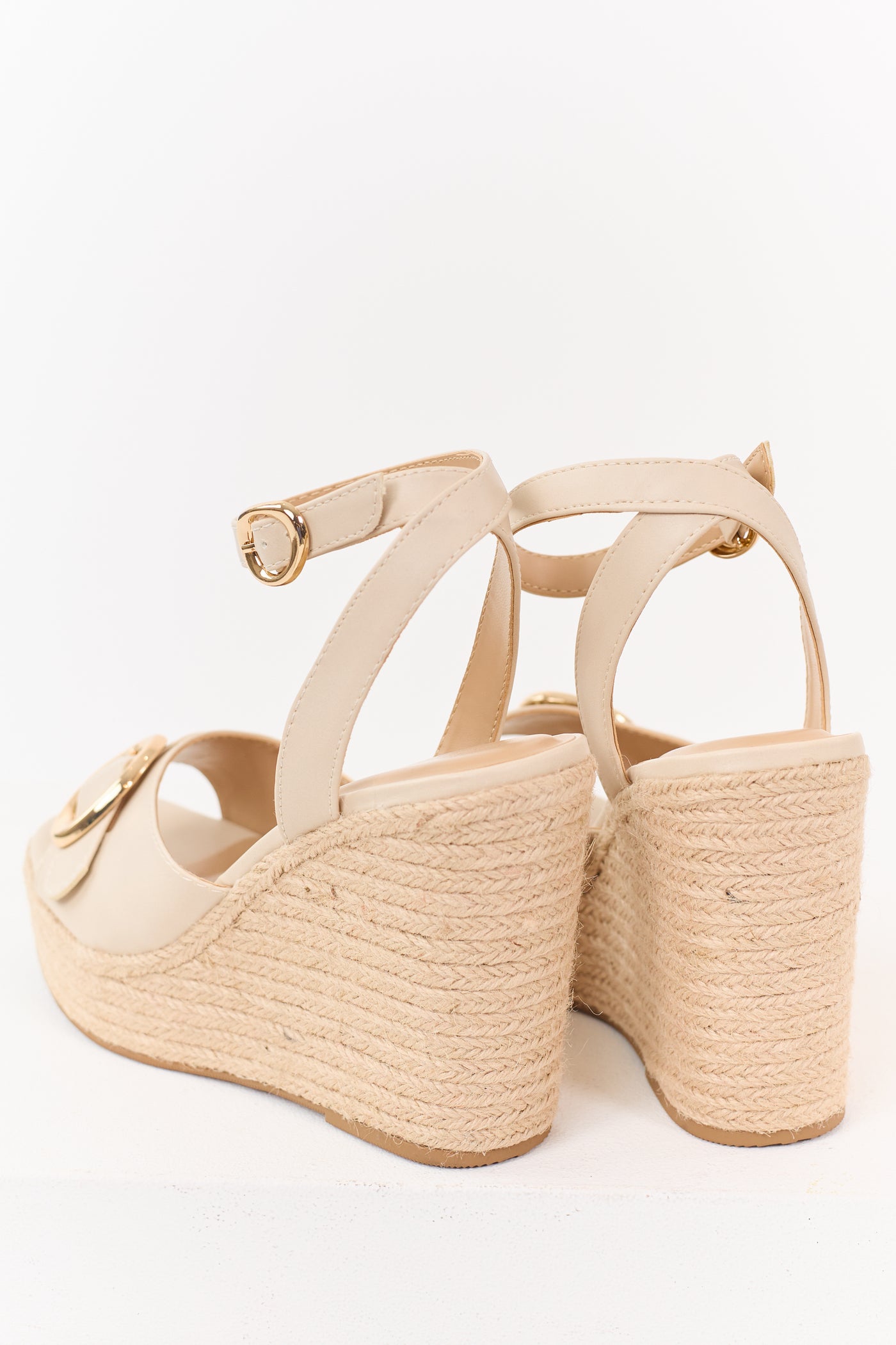 Almond Open Toed Buckle Strap Espadrille Wedges