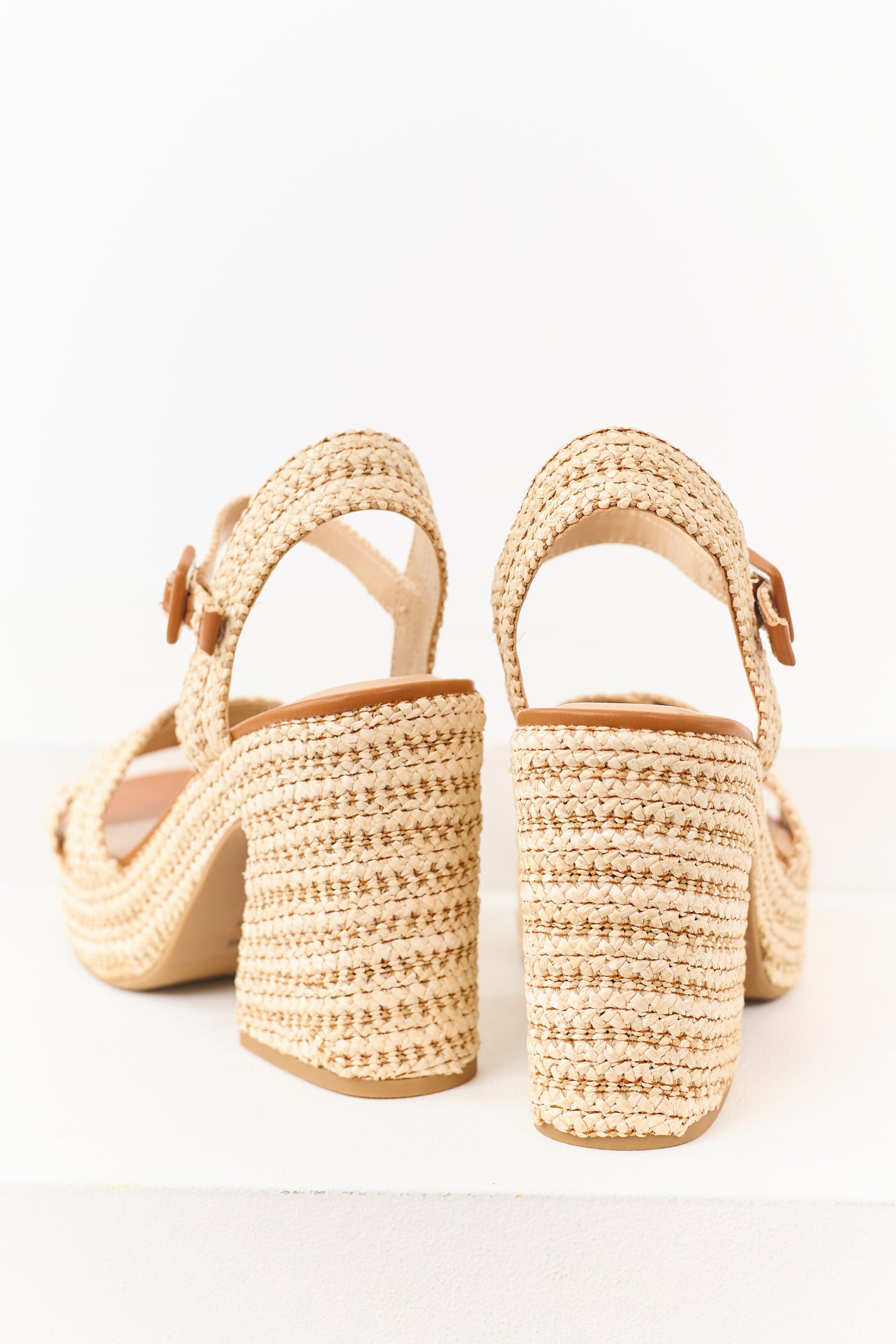 Almond Raffia Woven Open Toed Platform Heels
