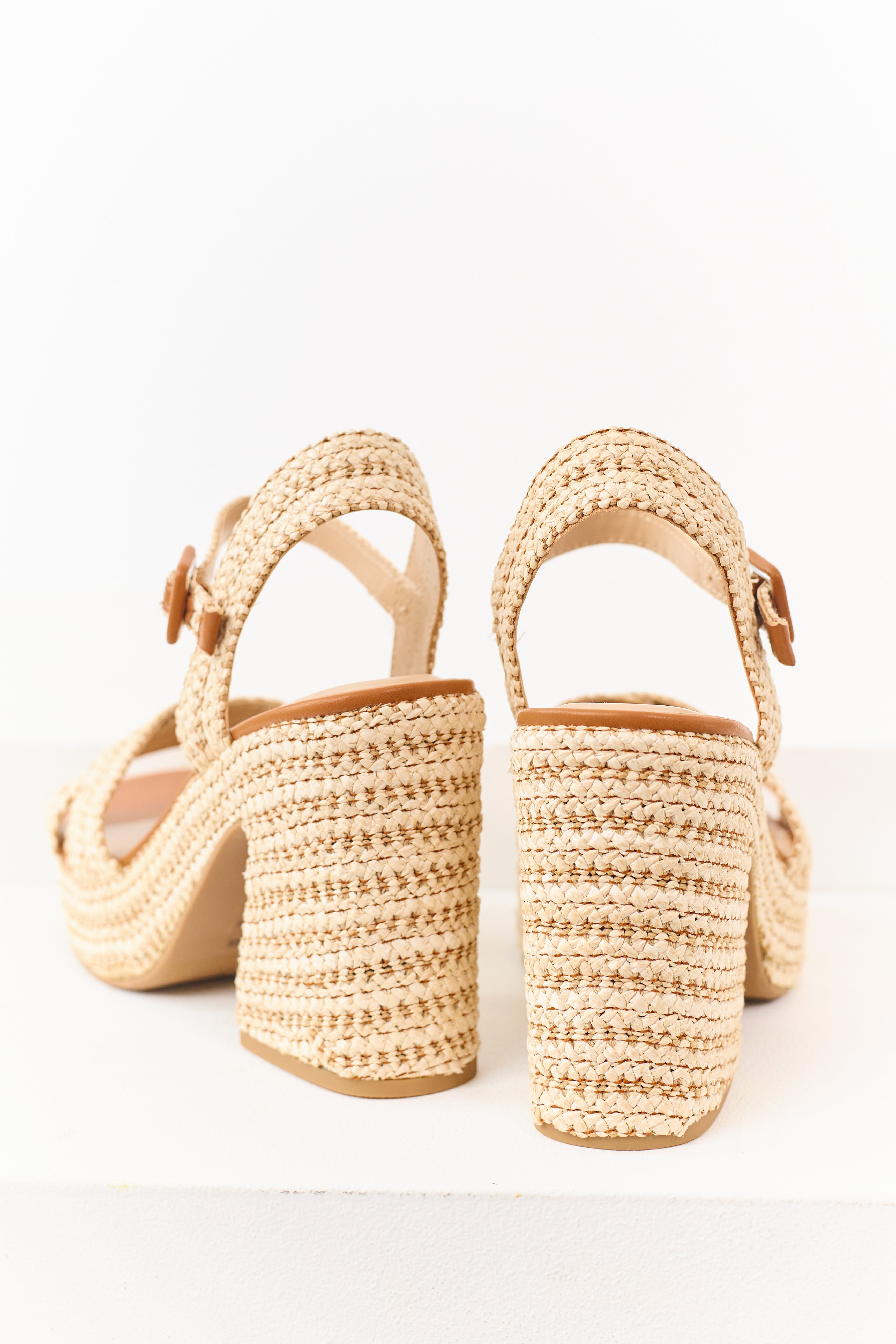 Almond Raffia Woven Open Toed Platform Heels
