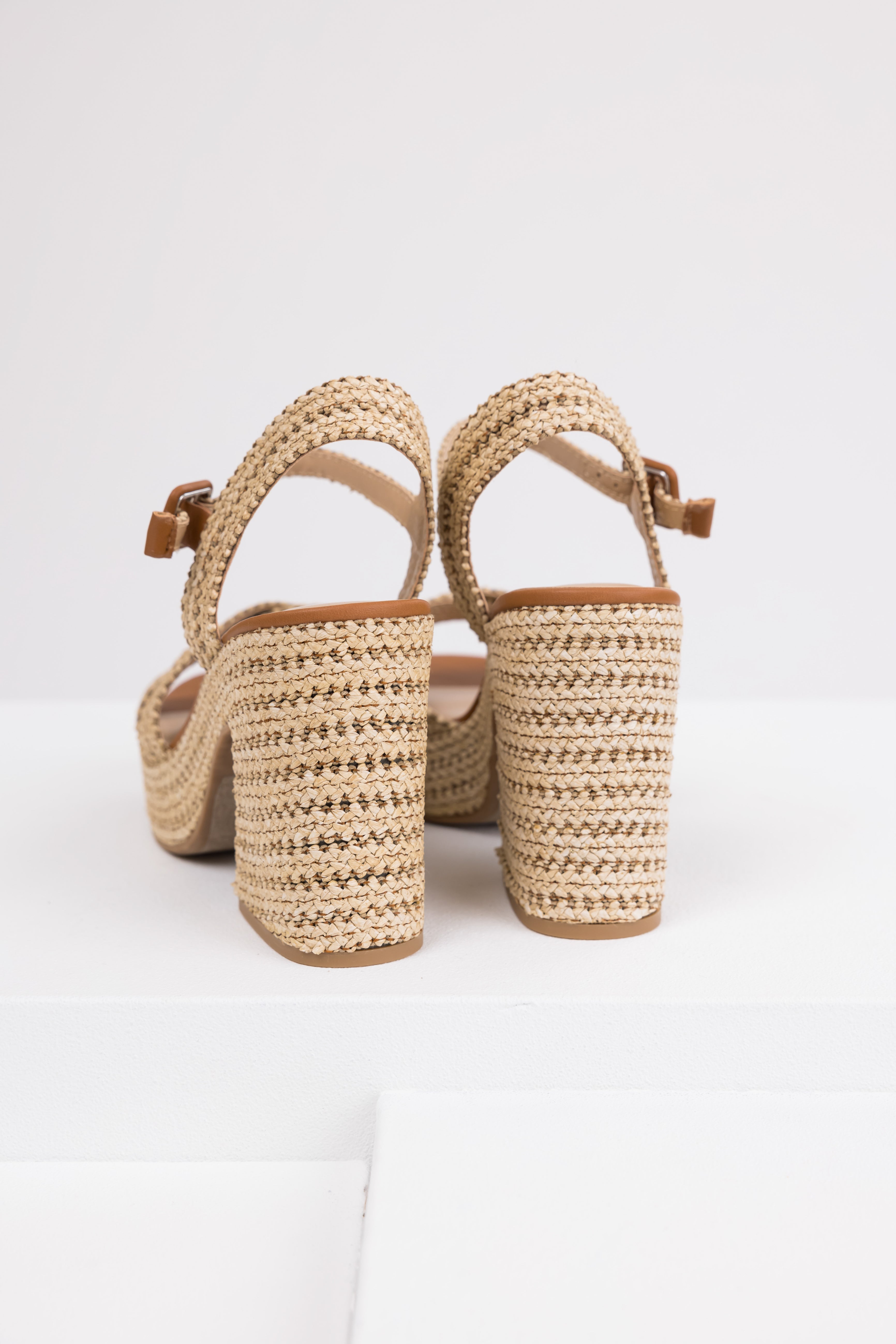 Almond Raffia Woven Open Toed Platform Heels