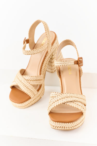 Almond Raffia Woven Open Toed Platform Heels
