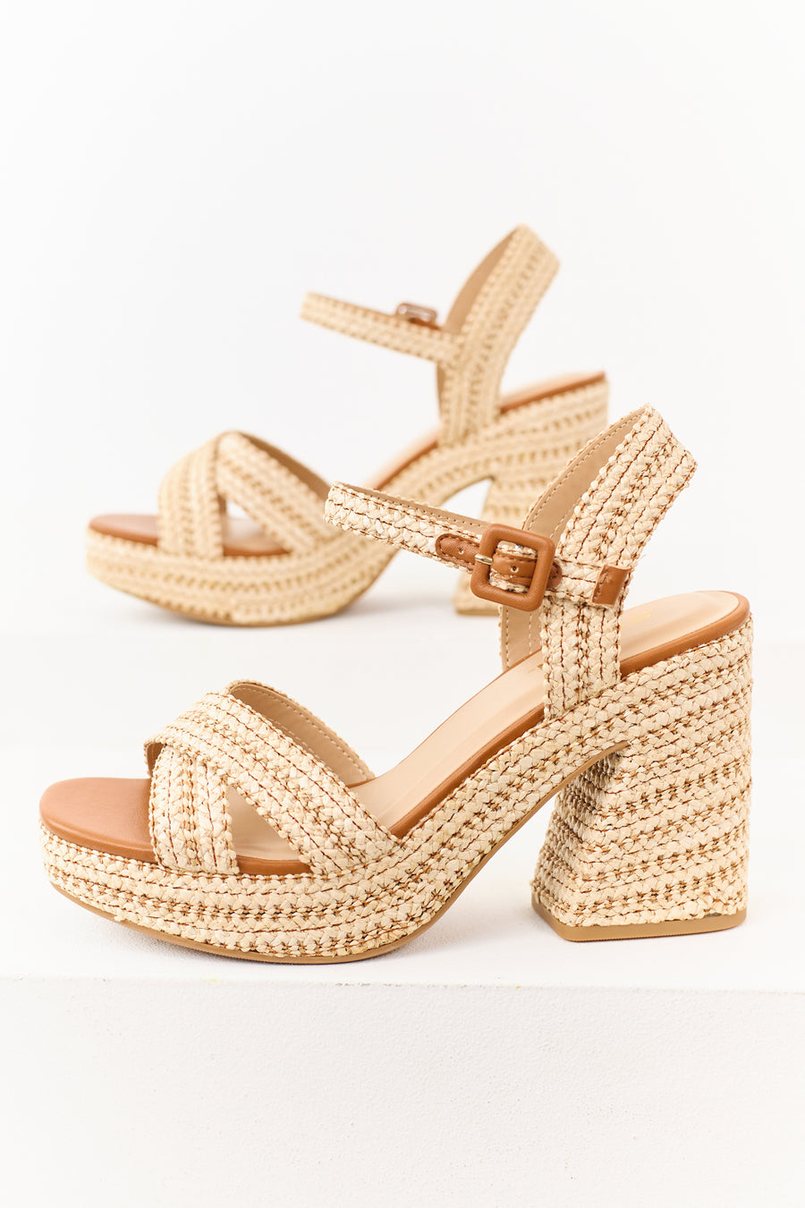 Almond Raffia Woven Open Toed Platform Heels
