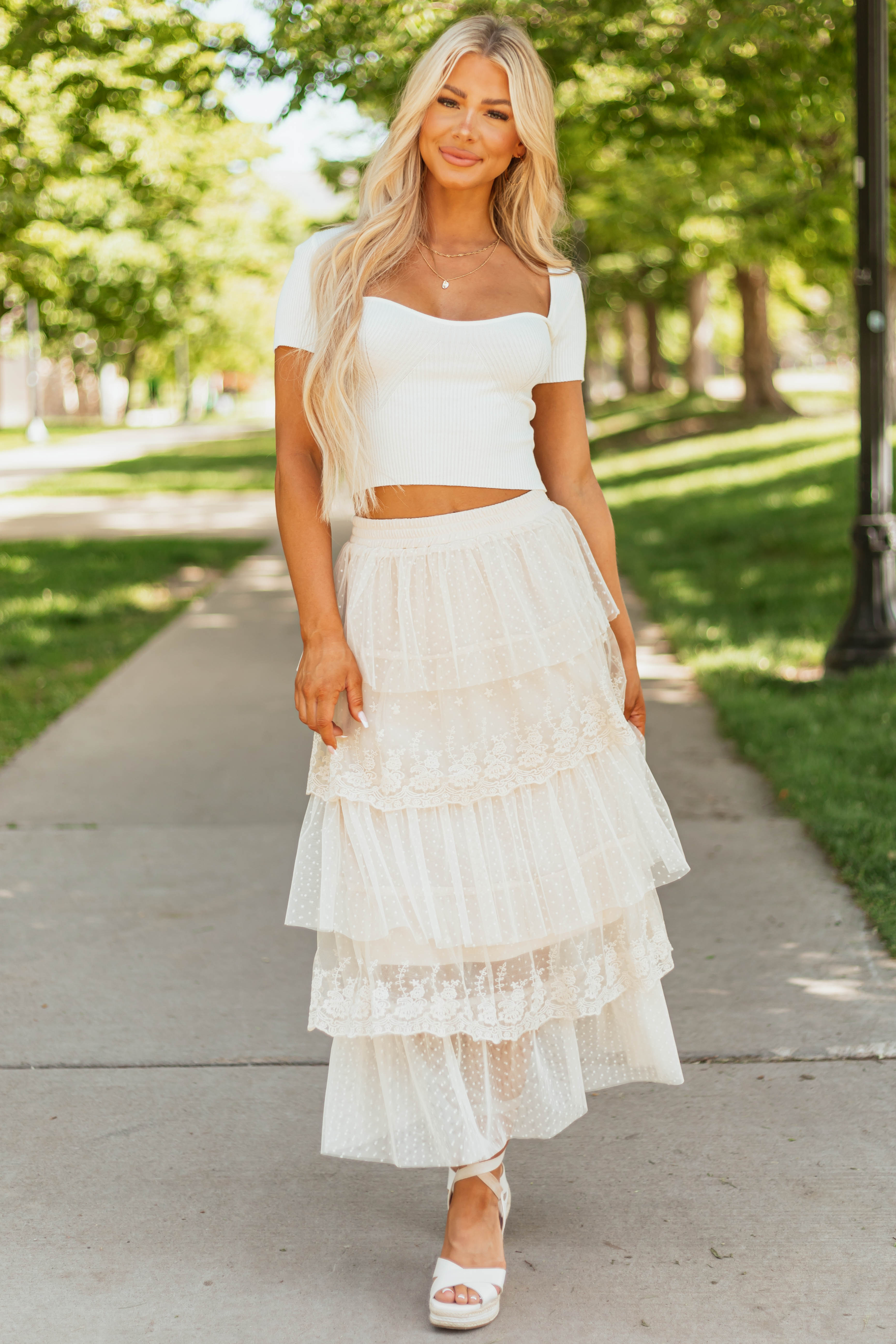 Almond Ruffle Swiss Dot Tulle Midi Skirt | Lime Lush Boutique