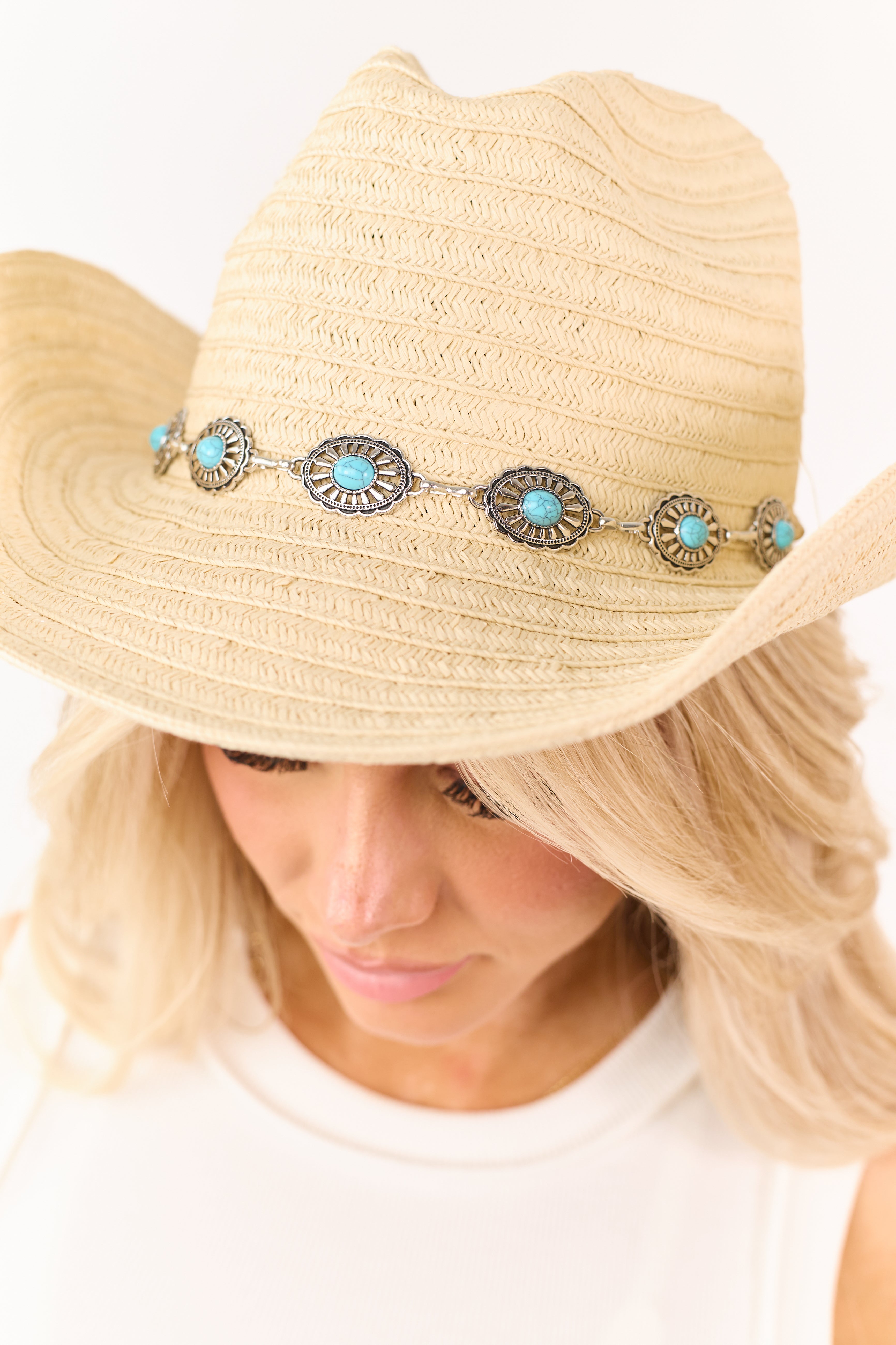 Almond Straw Turquoise Concho Band Cowboy Hat