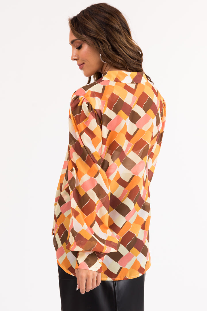 Amber Abstract Print Long Sleeve Button Up Top