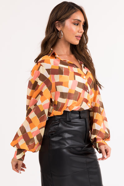 Amber Abstract Print Long Sleeve Button Up Top