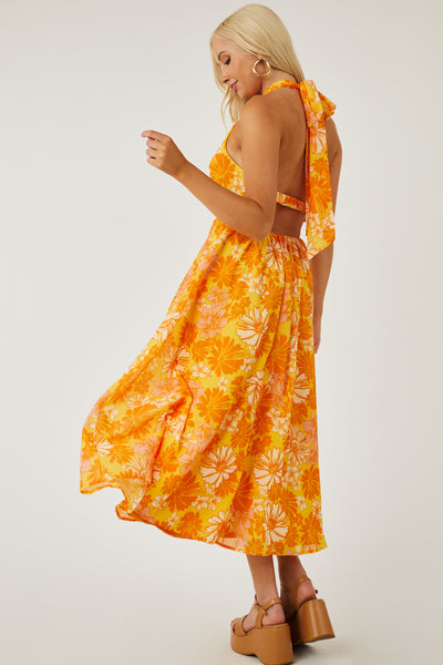 Amber Floral Print Front Twist Midi Dress