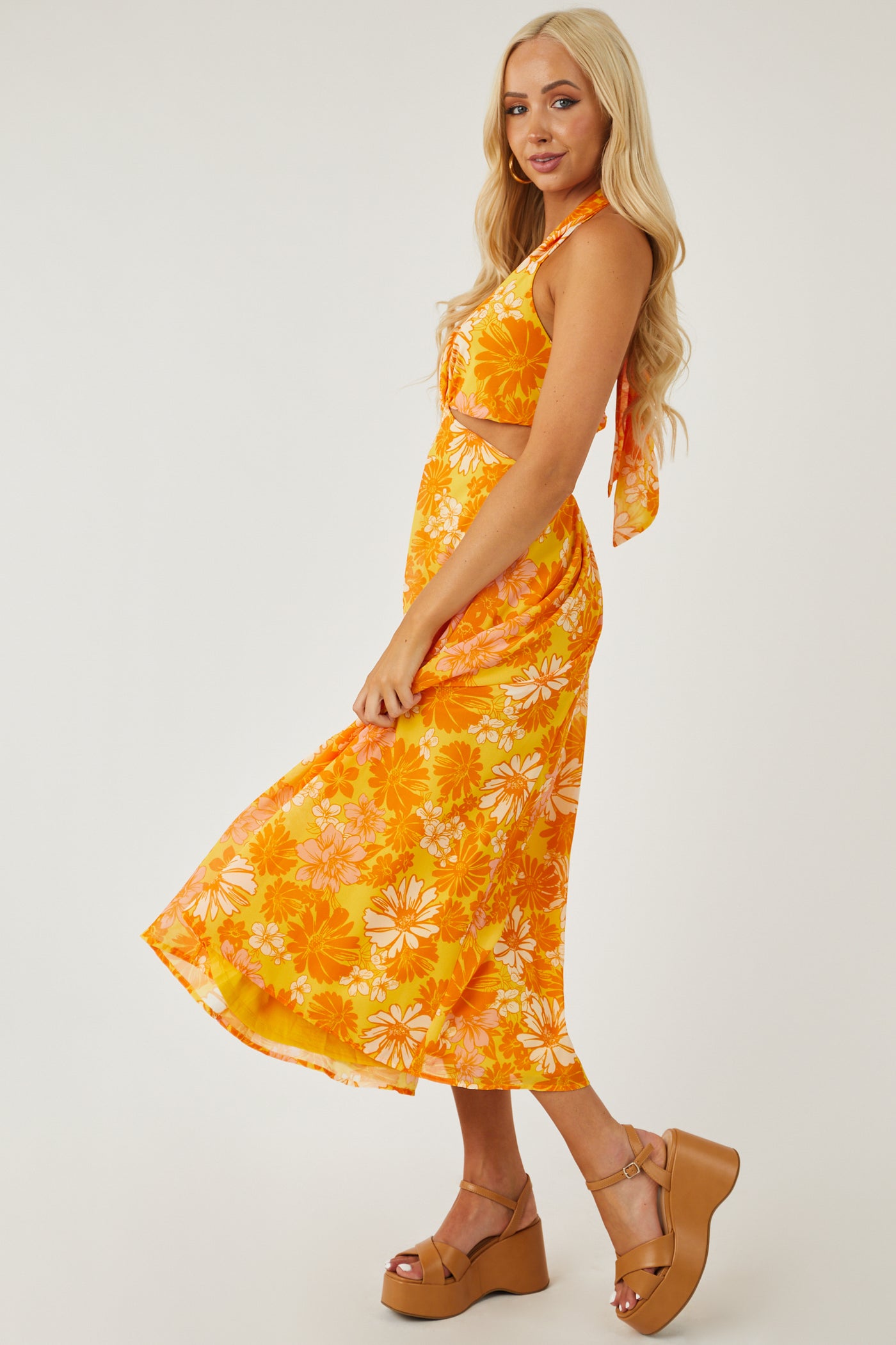 Amber Floral Print Front Twist Midi Dress