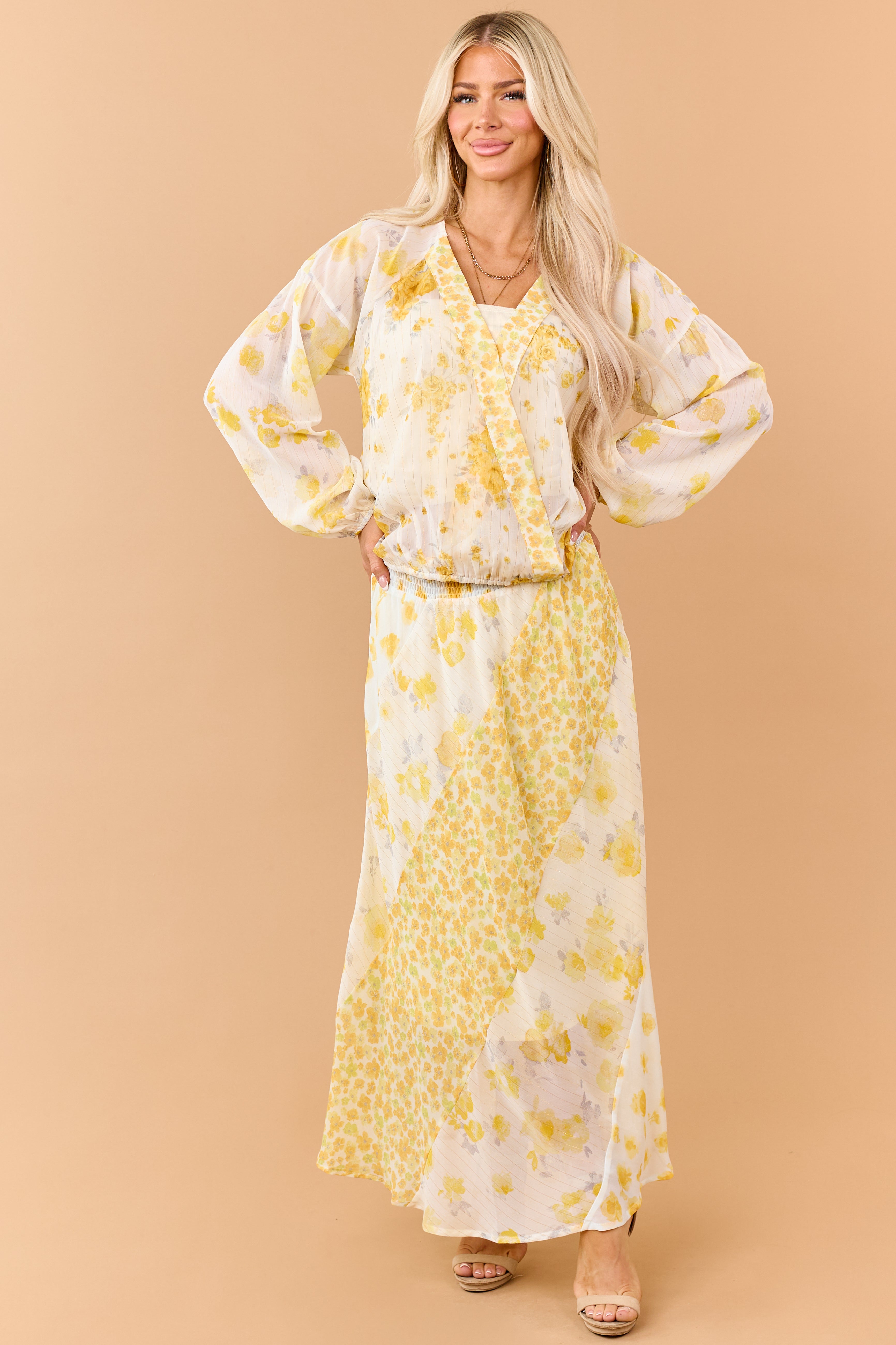 Amber Mixed Floral Print Smocked Waist Maxi Skirt