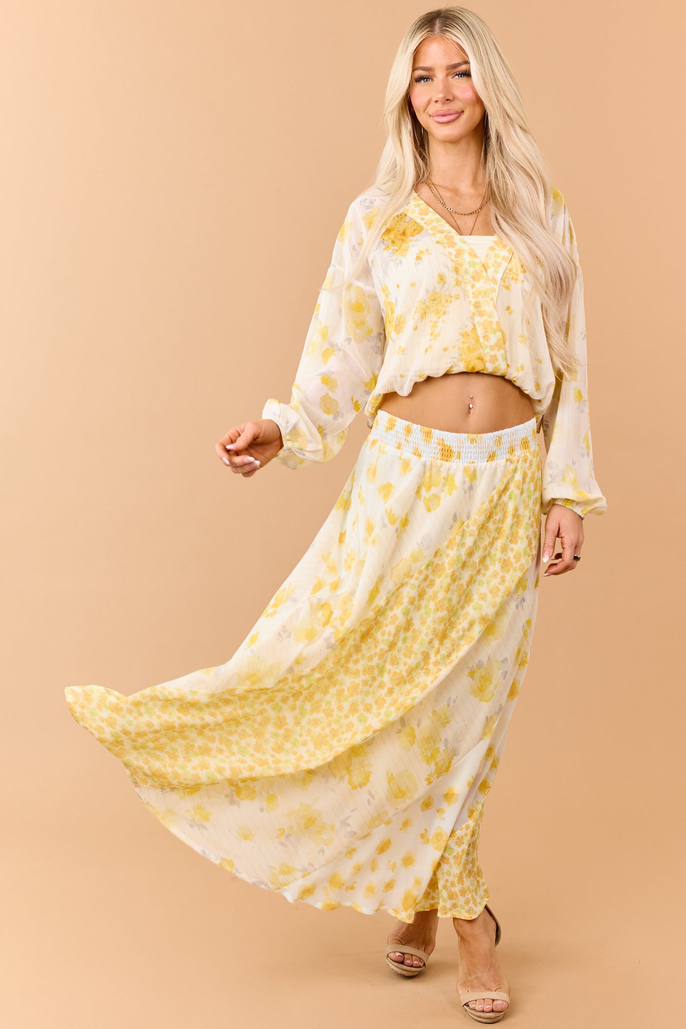 Amber Mixed Floral Print Smocked Waist Maxi Skirt