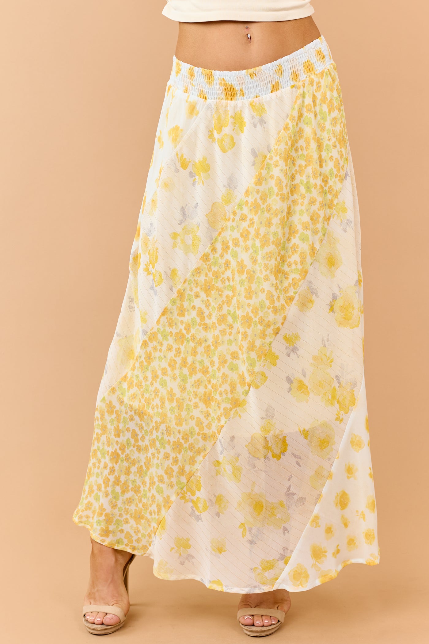 Amber Mixed Floral Print Smocked Waist Maxi Skirt