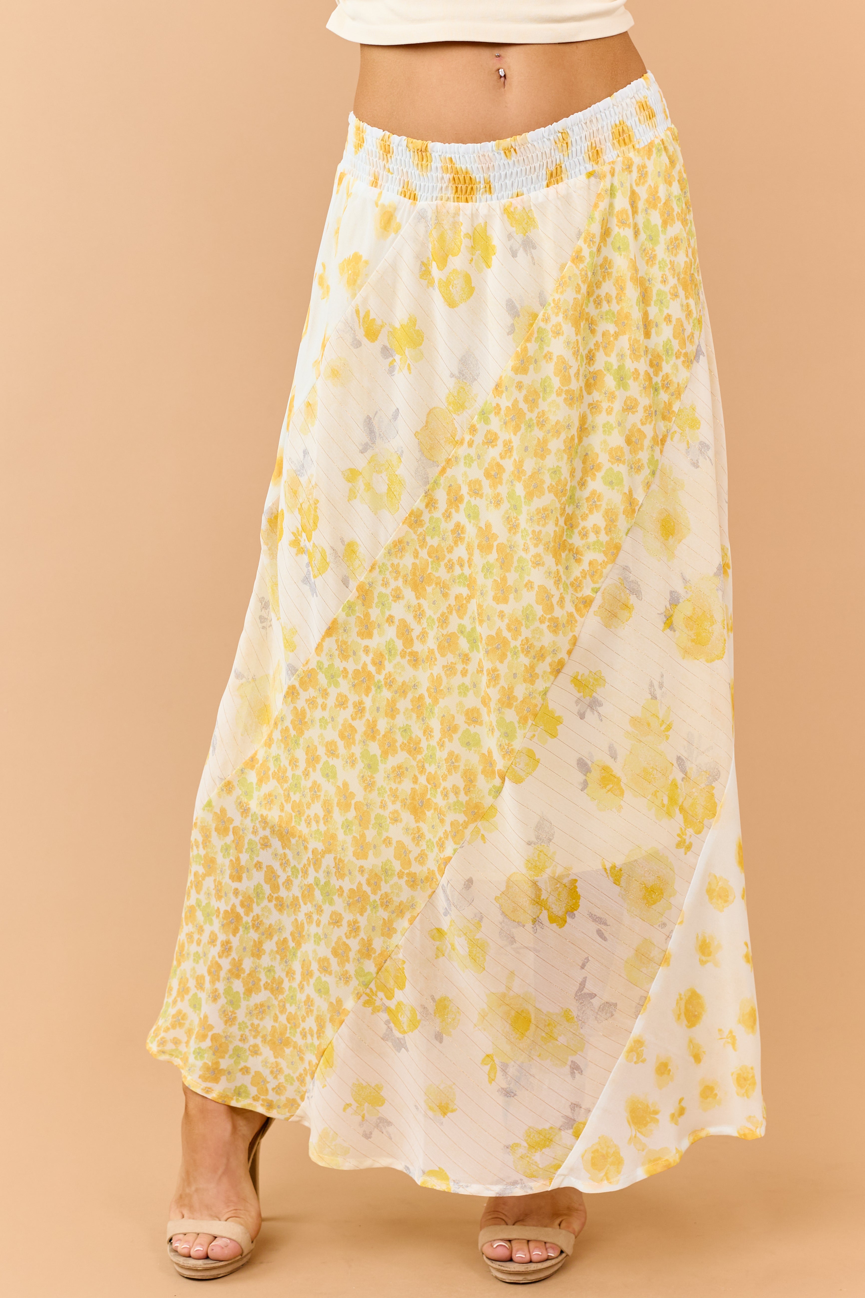 Amber Mixed Floral Print Smocked Waist Maxi Skirt