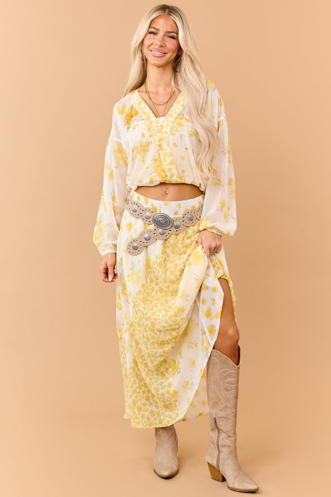 Amber Mixed Floral Print Smocked Waist Maxi Skirt