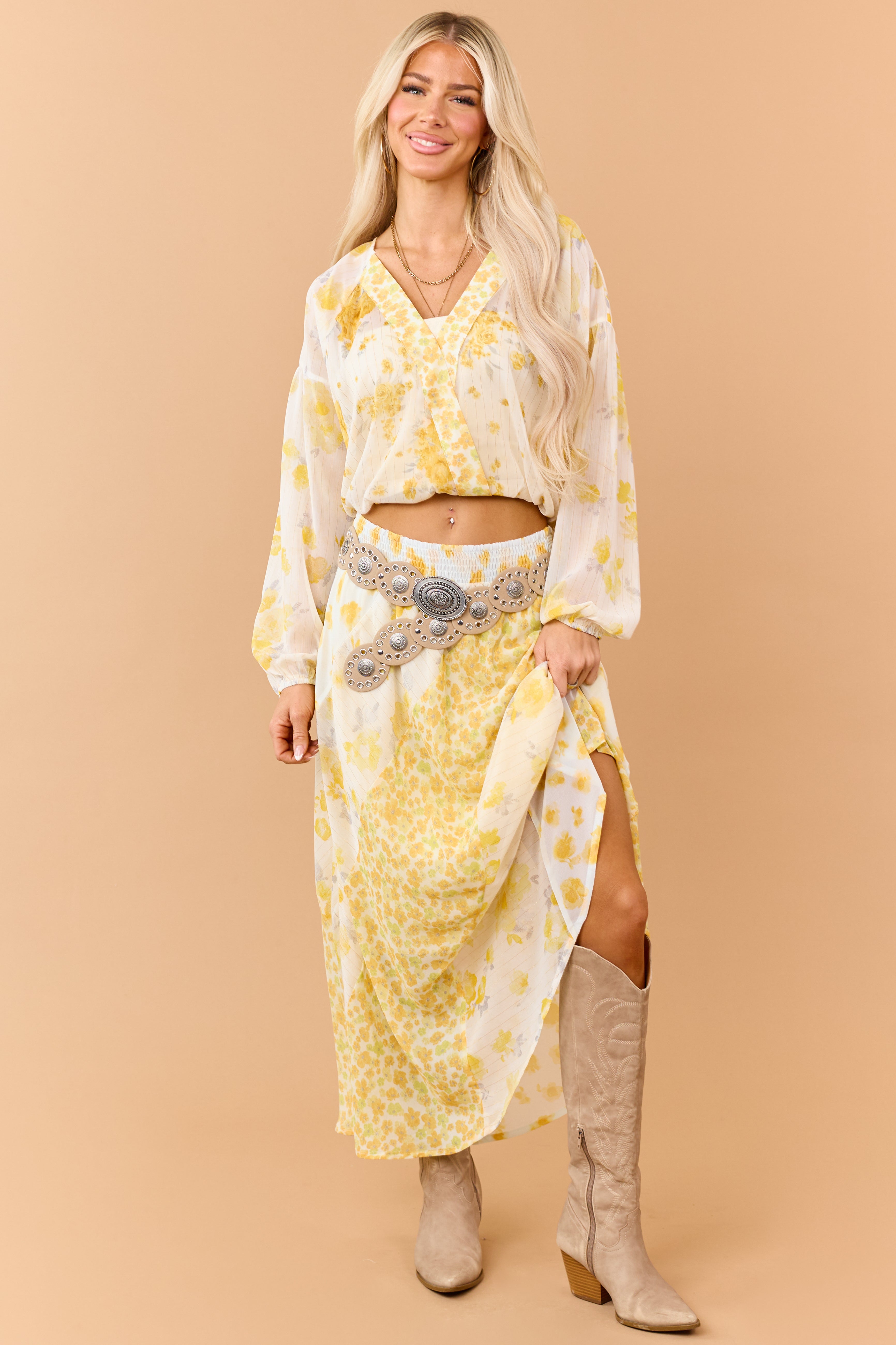 Amber Mixed Floral Print Smocked Waist Maxi Skirt