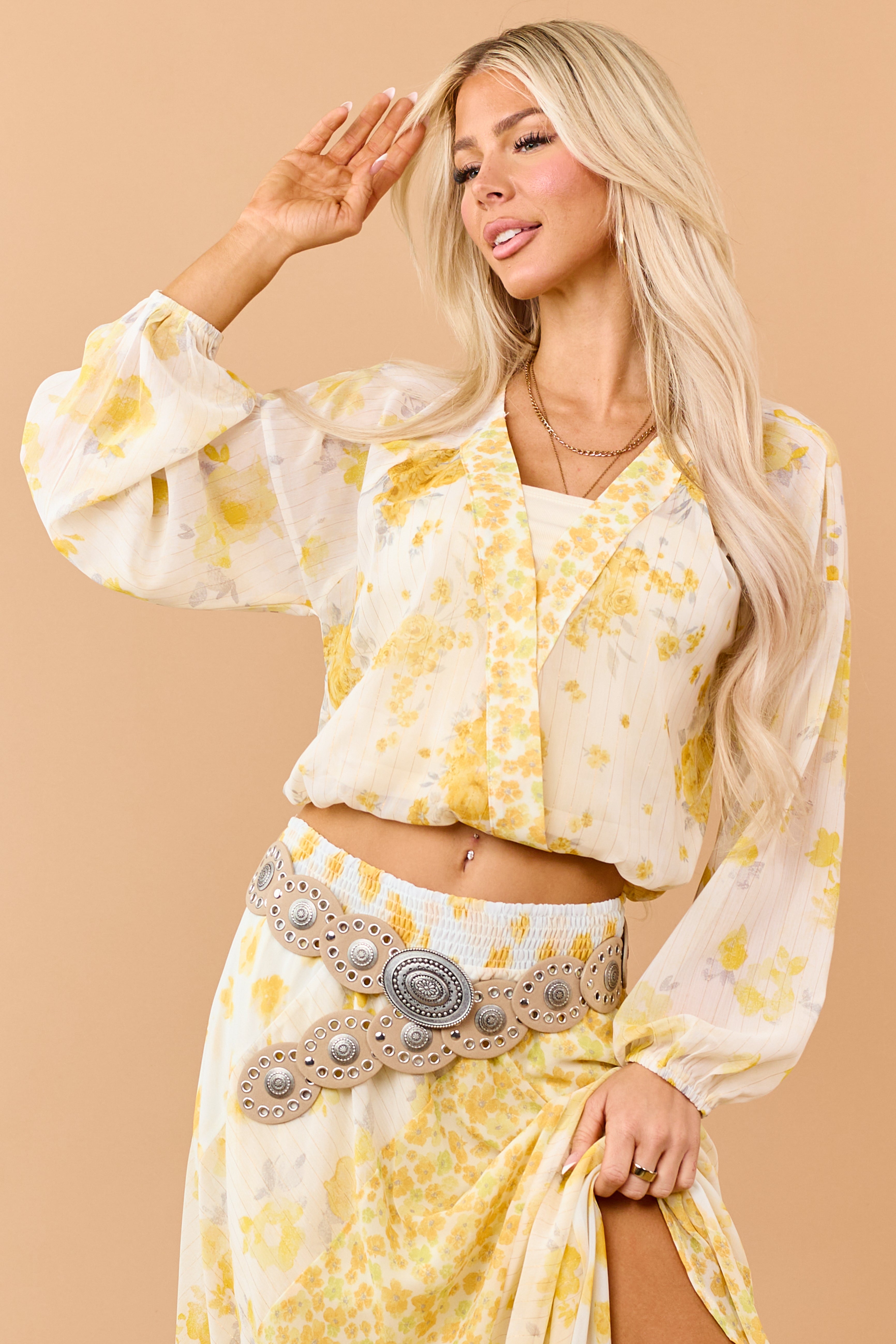 Amber Mixed Floral Print Surplice Long Sleeve Top
