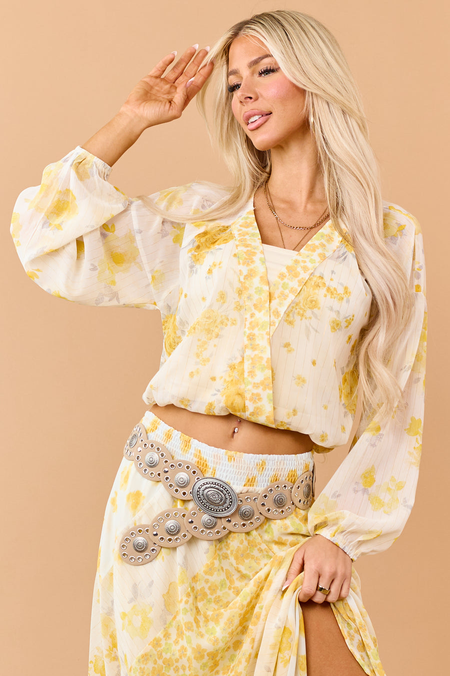 Amber Mixed Floral Print Surplice Long Sleeve Top