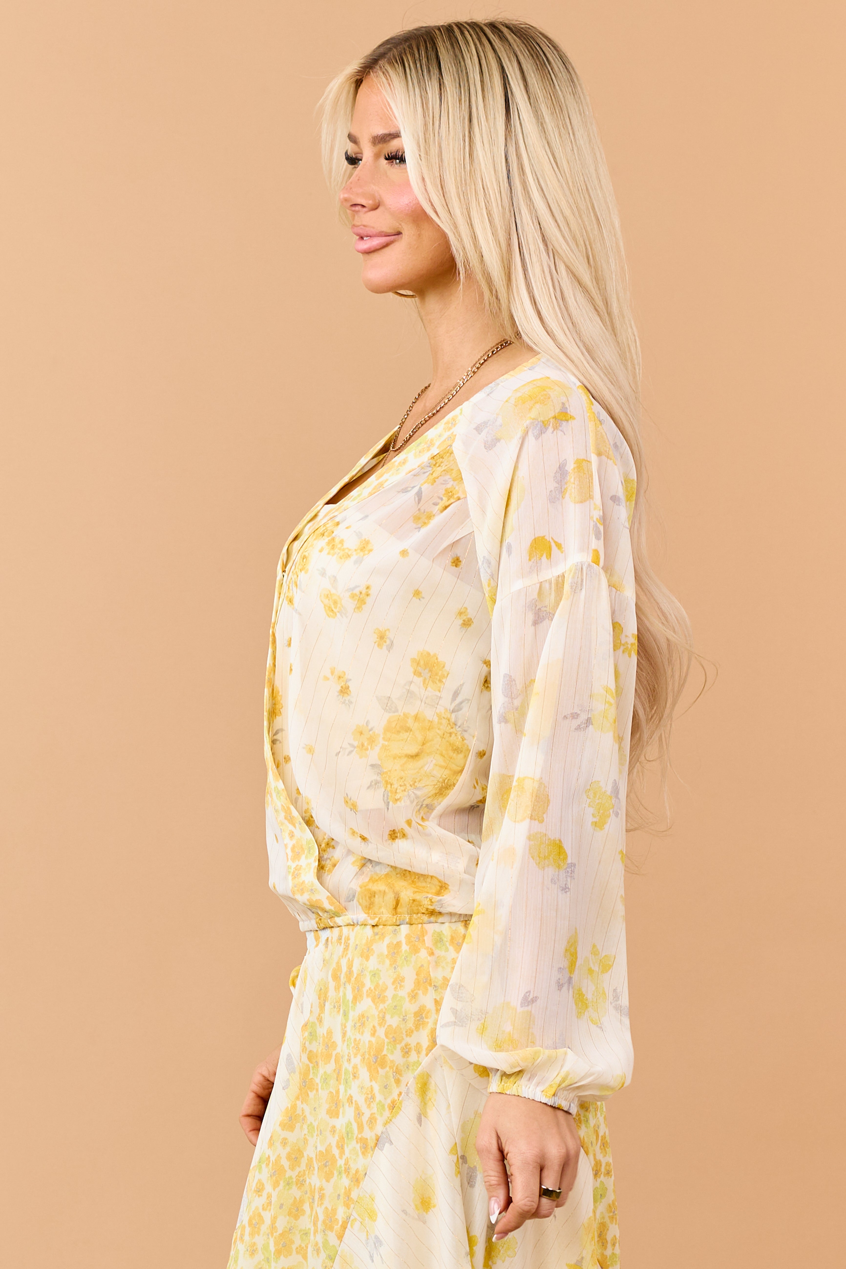 Amber Mixed Floral Print Surplice Long Sleeve Top