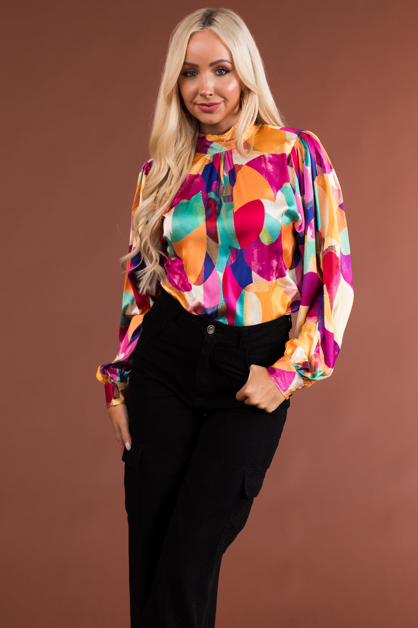Amber Multicolored Abstract Print Mock Neck Blouse