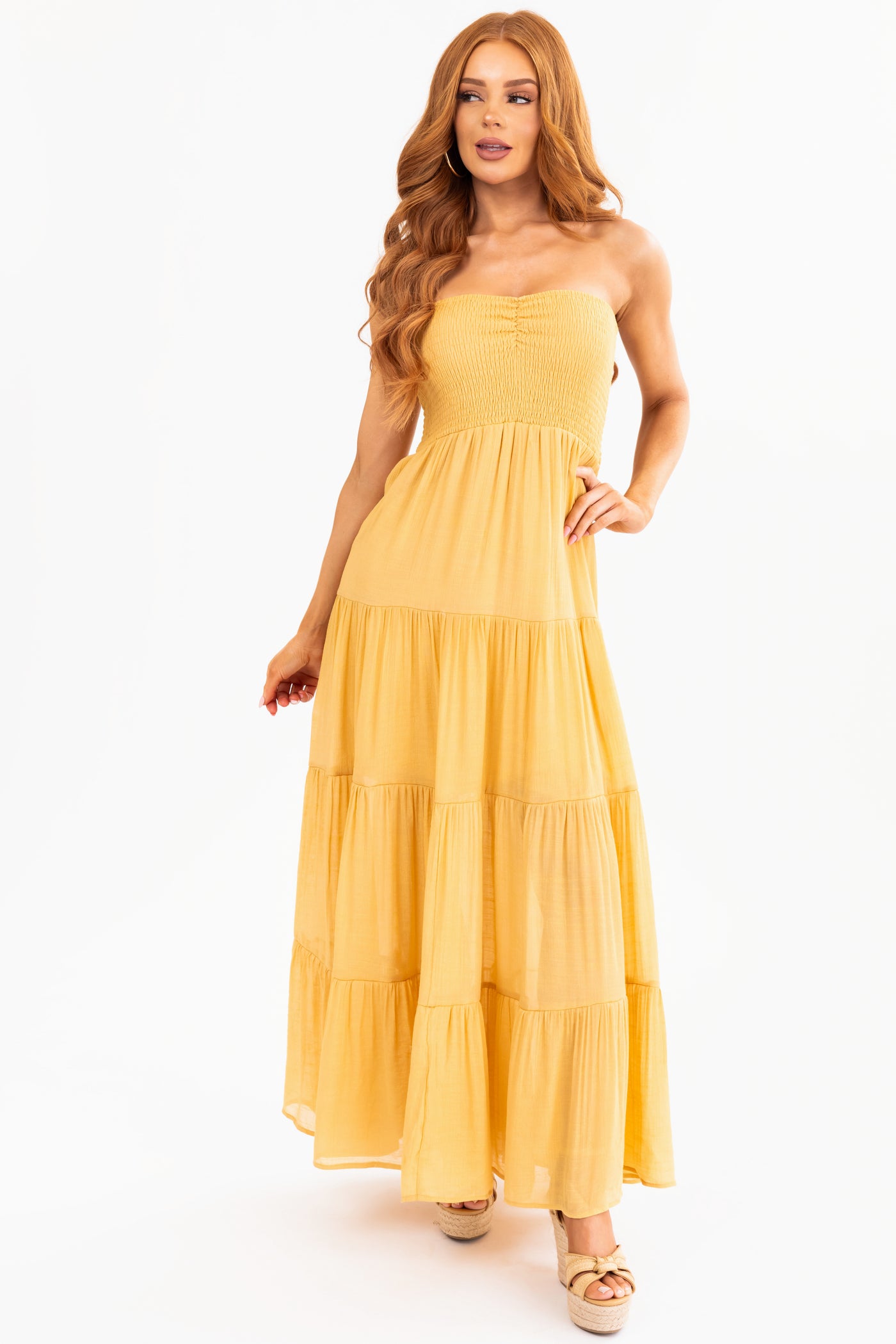 Amber Strapless Smocked Top Tiered Maxi Dress