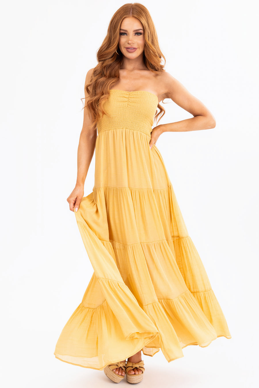Amber Strapless Smocked Top Tiered Maxi Dress