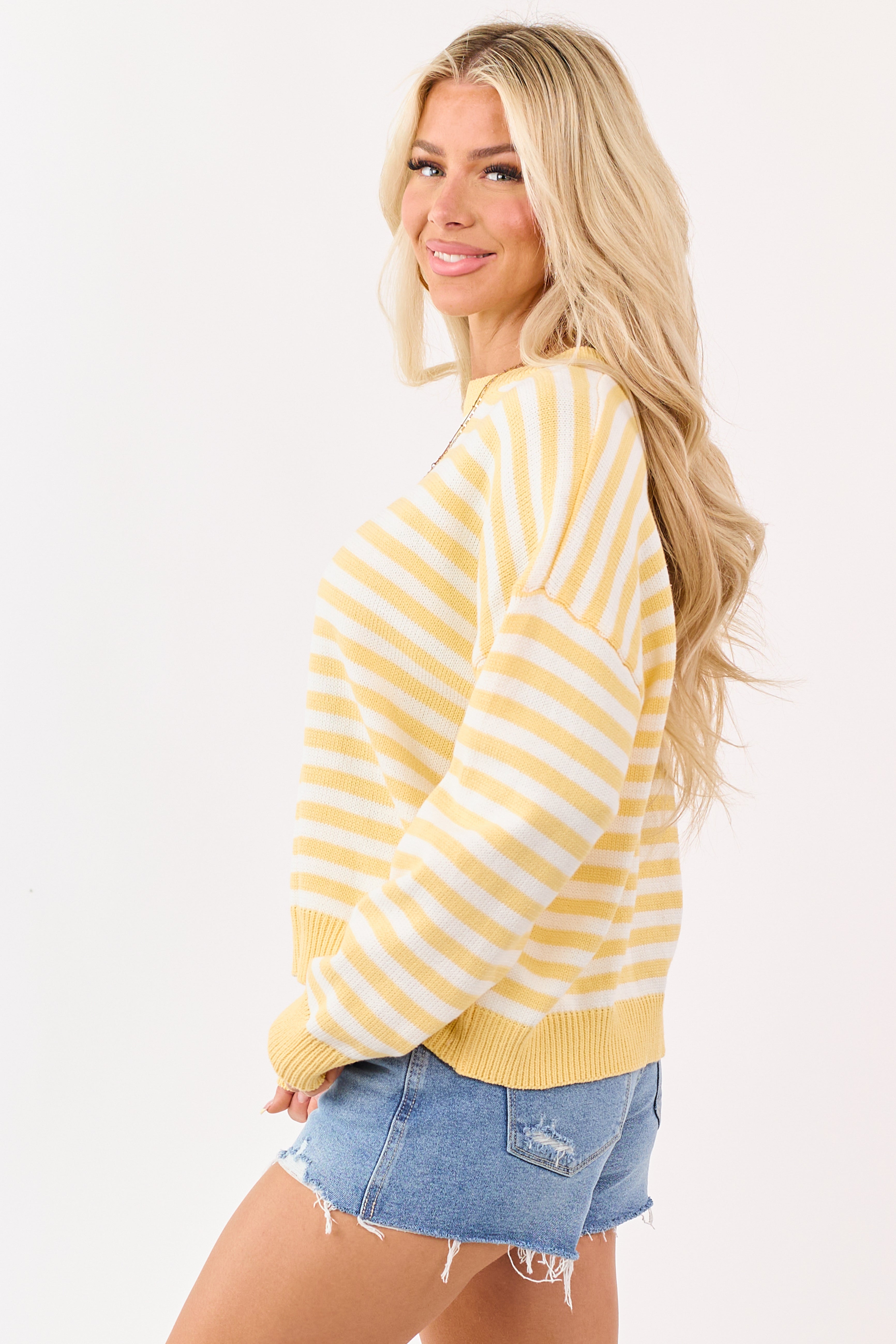 Amber and Ivory Striped Ribbed Knit Sweater