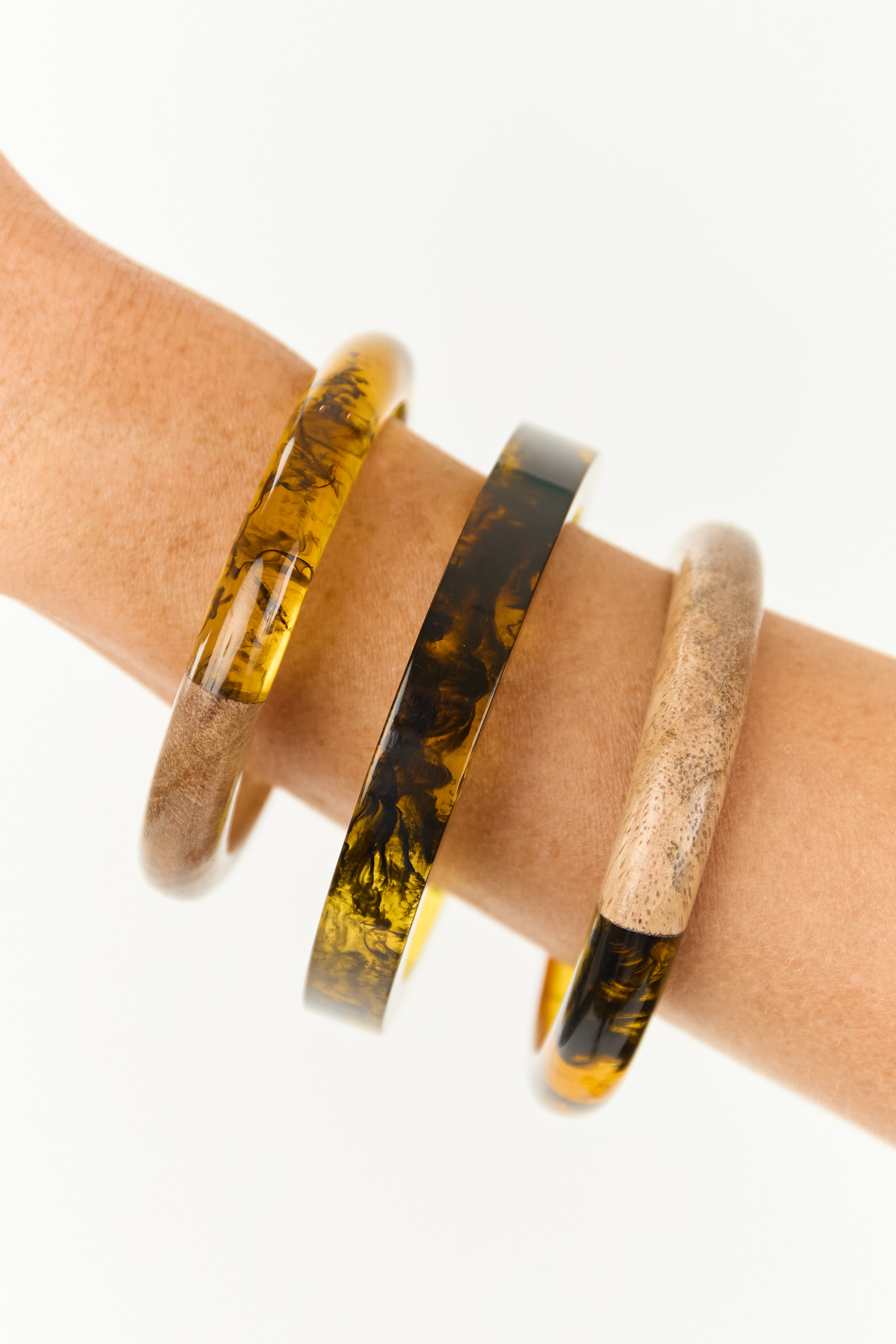 Amber 3 Piece Wooden Marbled Bangle Bracelet Set